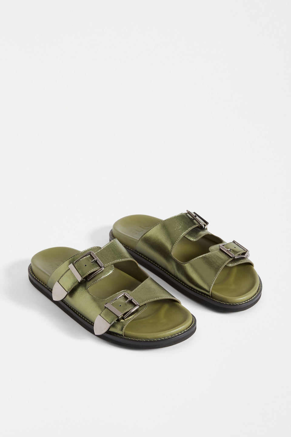 The Spenne Sandal features dual buckled foiled leather straps with tonal western hardware in a metallic slide design ELK | OLIVE