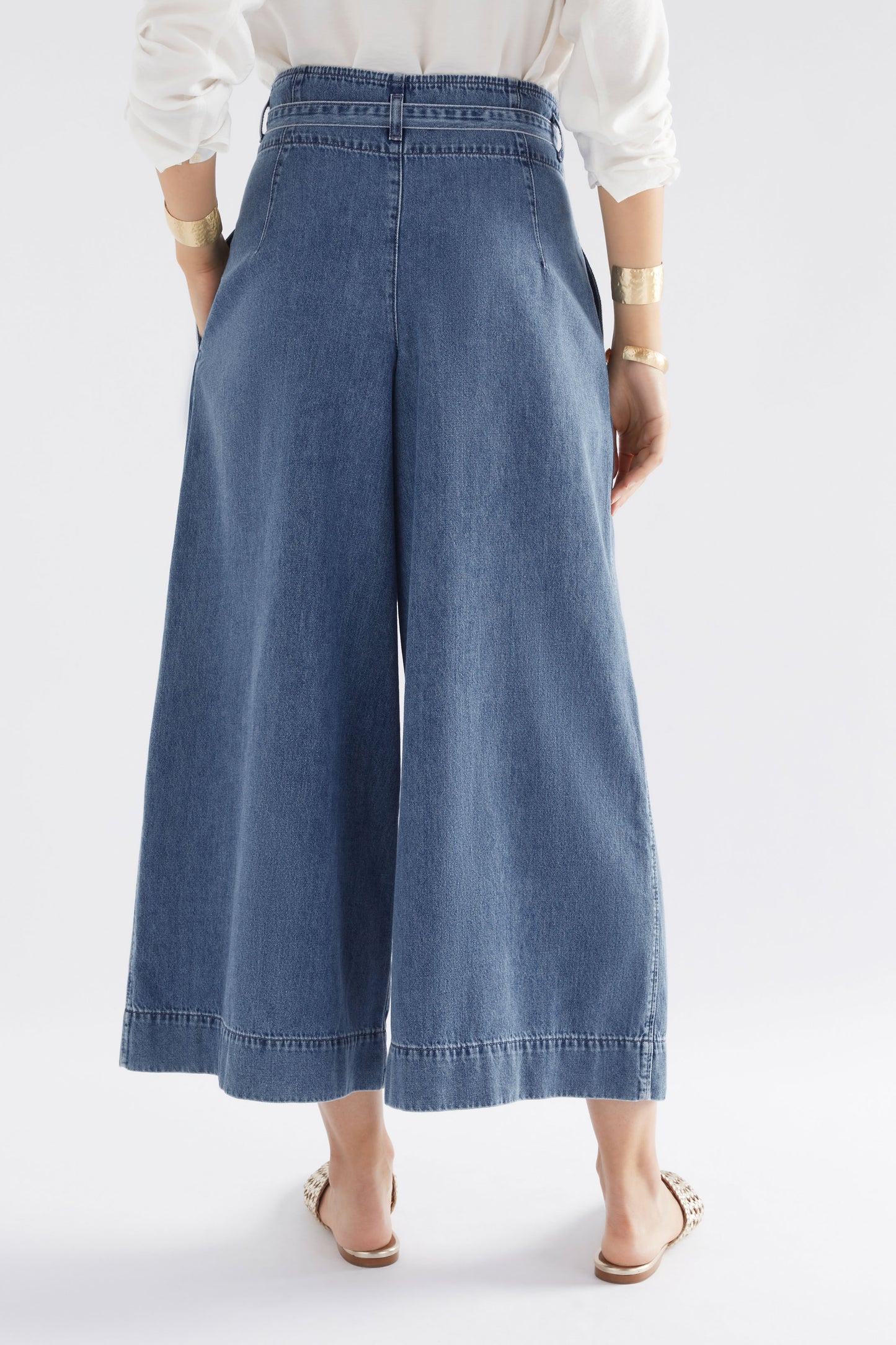 Arbet High Waisted Wide Leg Paper Bag Waist Jean Front Back | CHAMBRAY BLUE