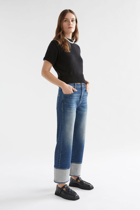 Modell Wide Straight Leg Organic Cotton Stretch Cuff Jean Model Side | FADED INDIGO