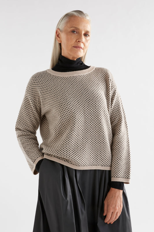 Bis Relaxed Dot Stitch Wool and Recyled Fibre Sweater Model Front | FAWN LODEN