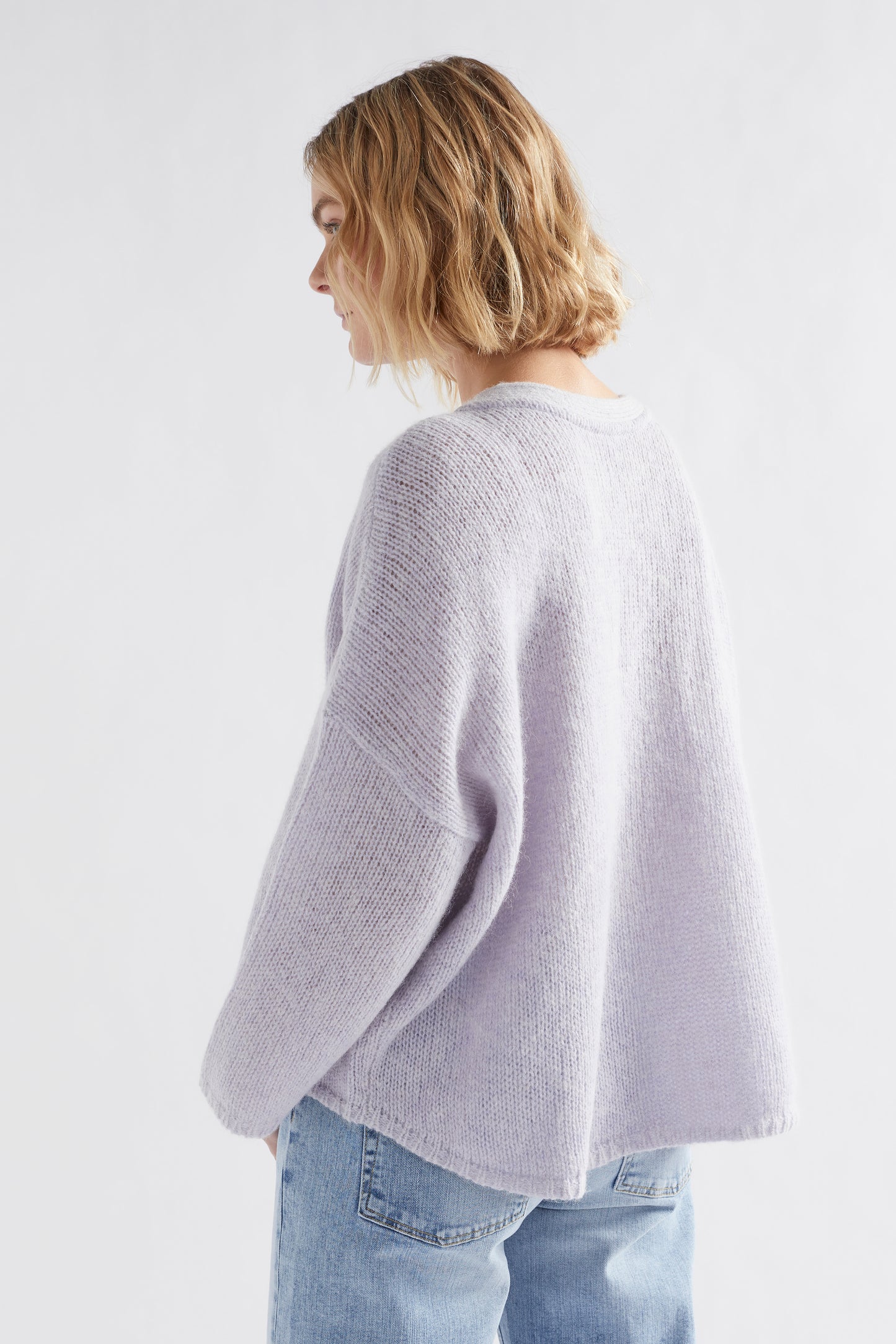 Agna Merino and Alpaca Wool Sweater Model Angled Back  | LILAC