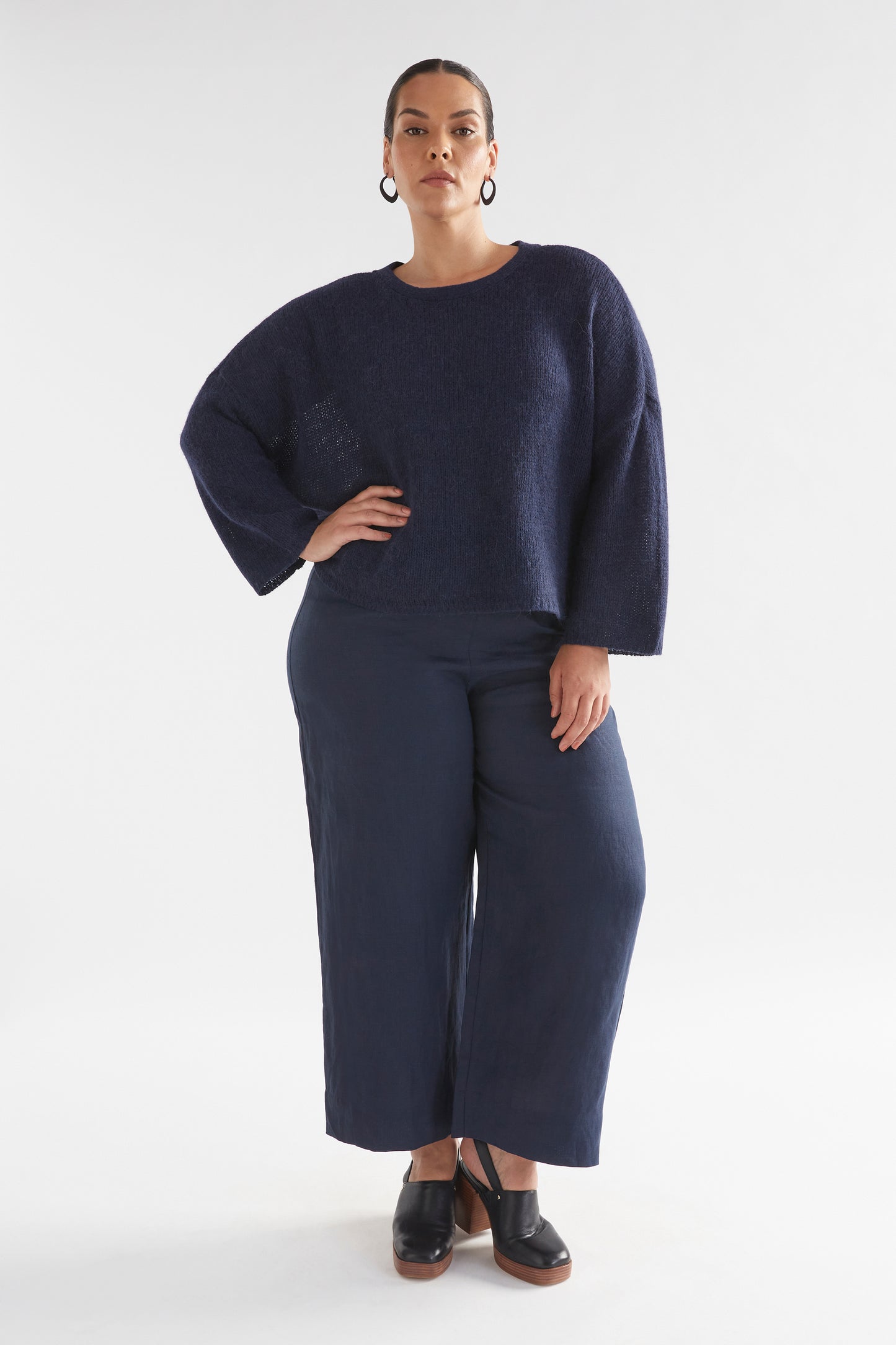 Agna Merino and Alpaca Wool Sweater Front Model full Body CURVE | STEEL BLUE