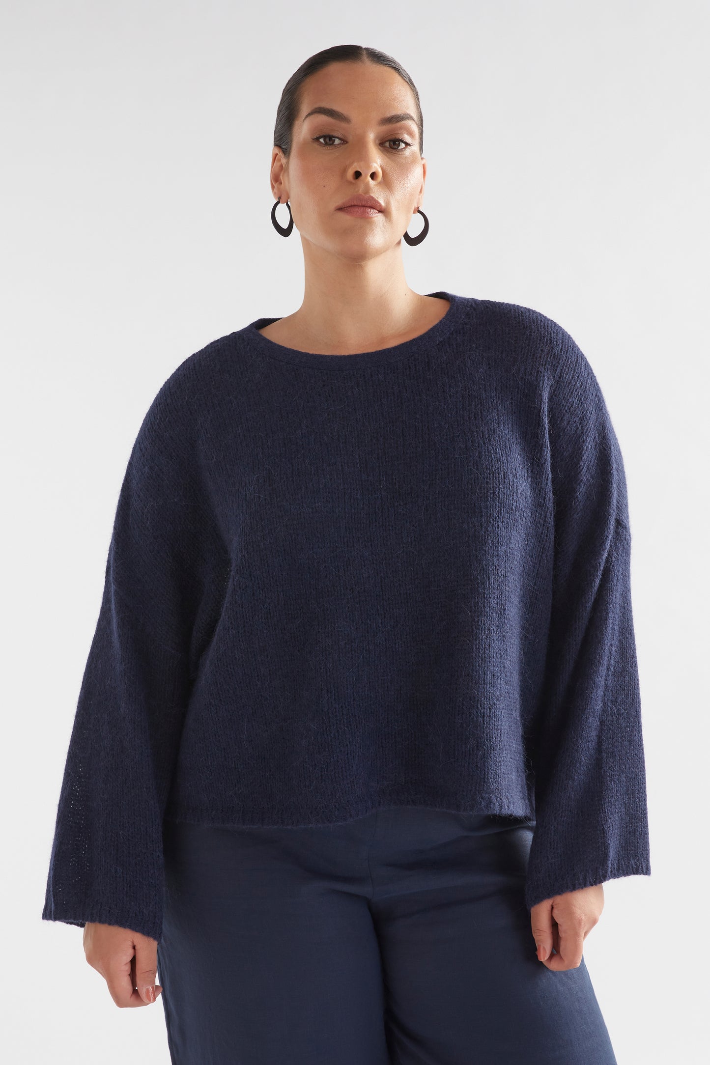 Agna Merino and Alpaca Wool Sweater Front Model CURVE | STEEL BLUE