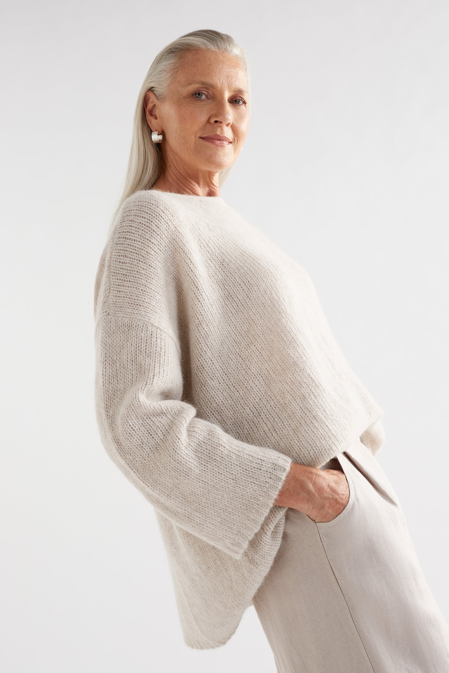 Agna Merino and Alpaca Wool Sweater Front Model Classic | ECRU