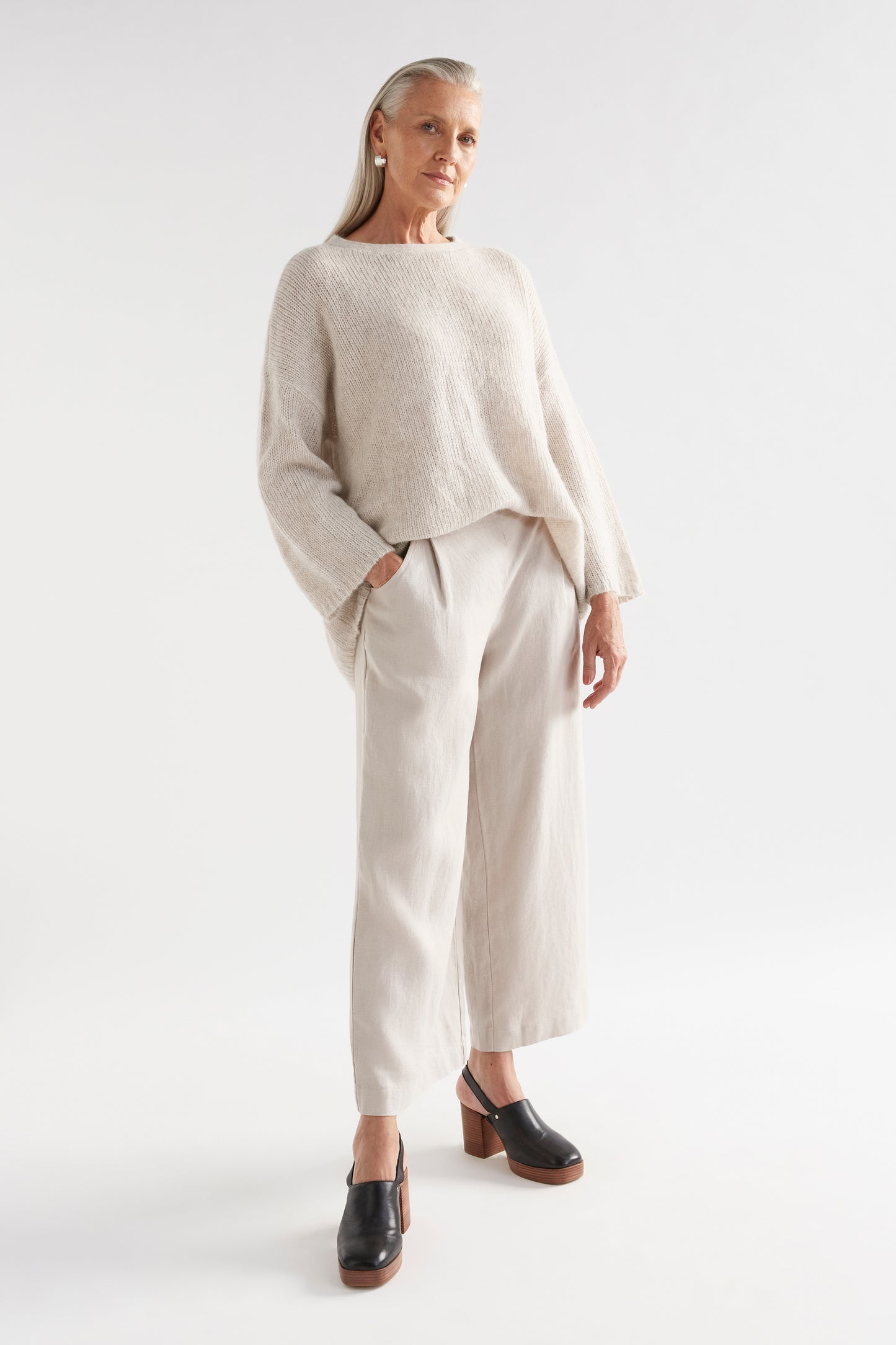 Agna Merino and Alpaca Wool Sweater Front Full Body Model Classic | ECRU