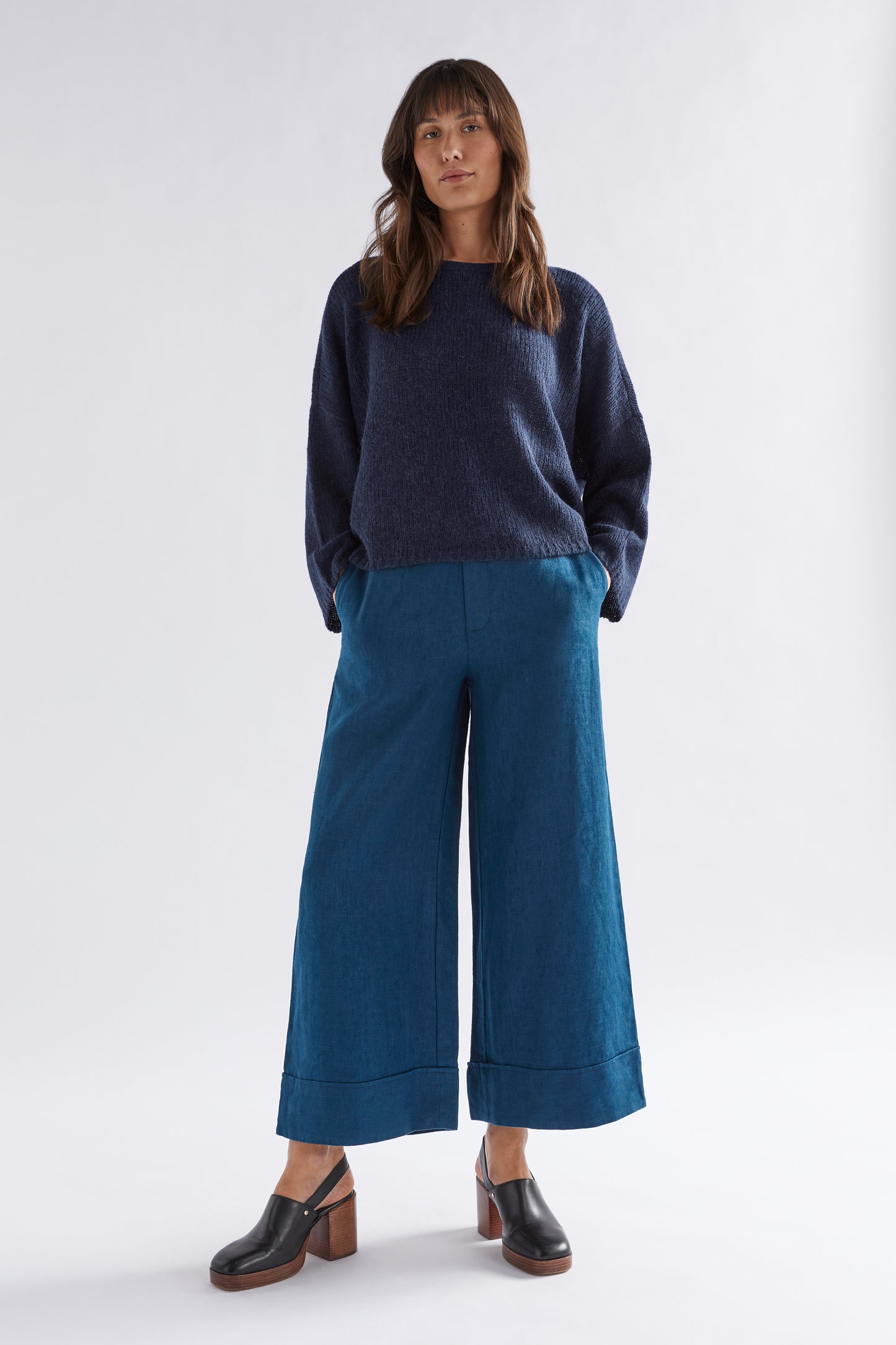 Agna Merino and Alpaca Wool Sweater Front Model Full Body | STEEL BLUE