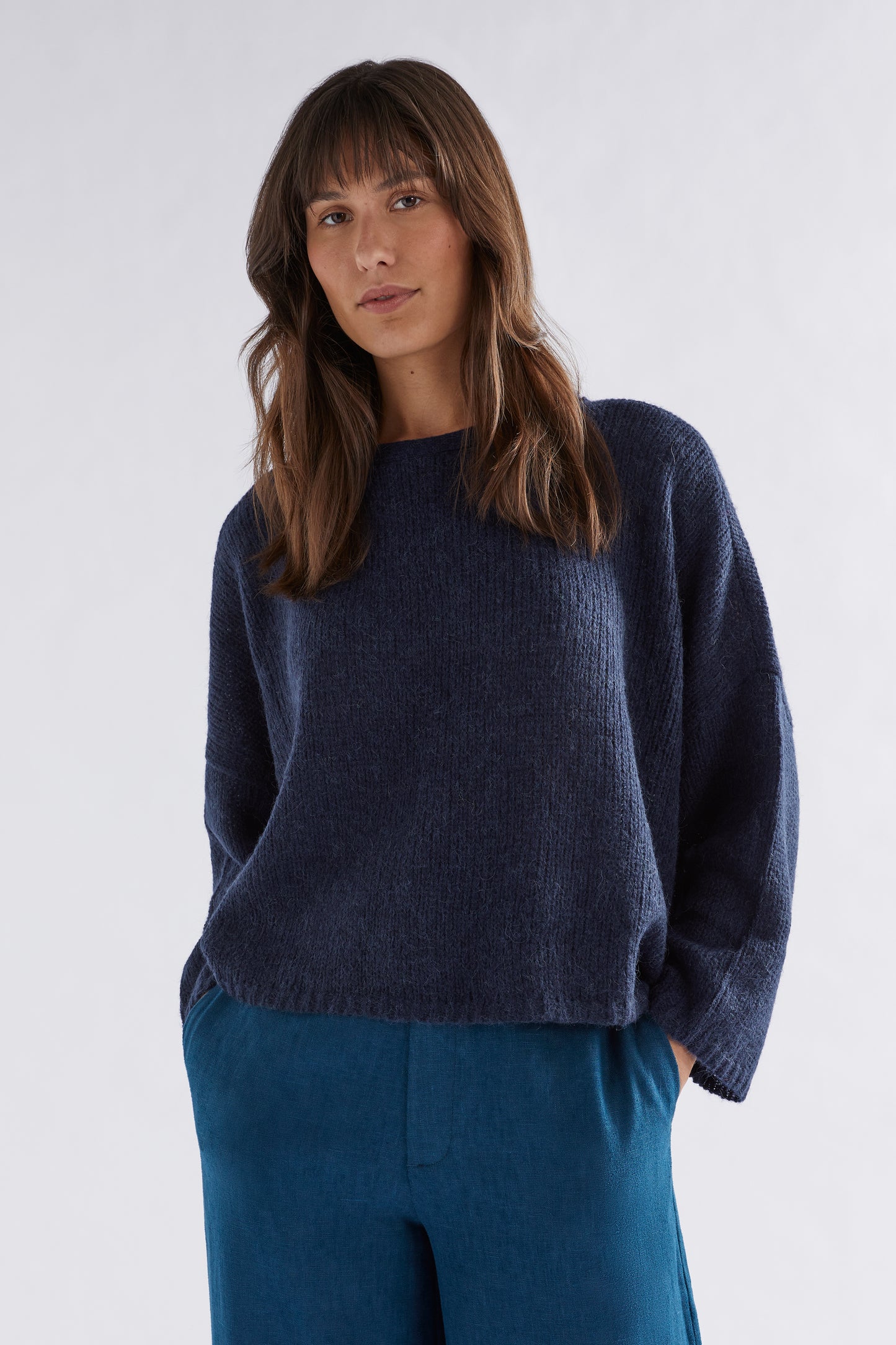 Agna Merino and Alpaca Wool Sweater Front Model | STEEL BLUE