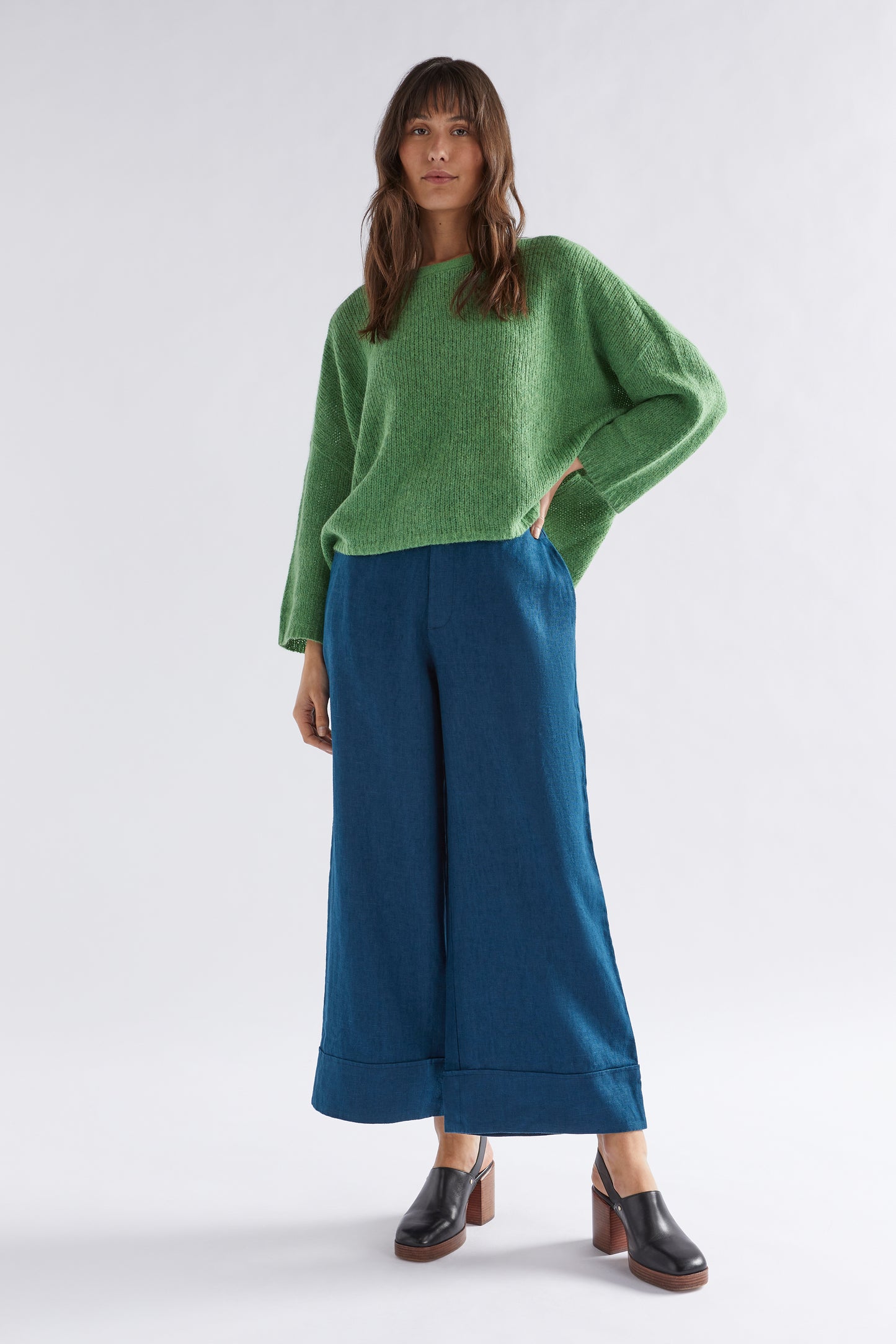 Agna Merino and Alpaca Wool Sweater Model Front Full Body | ALOE GREEN