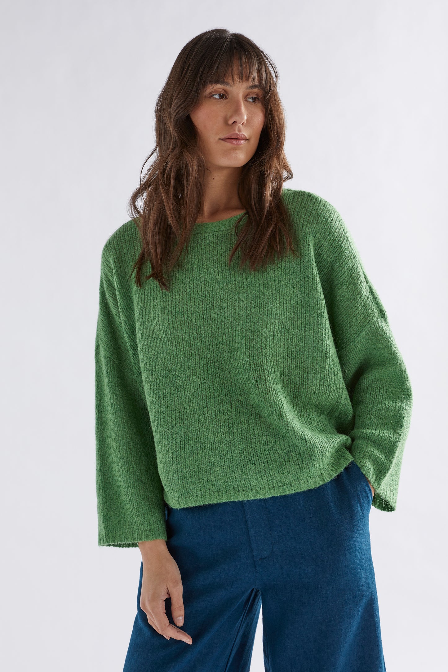 Agna Merino and Alpaca Wool Sweater Model Front | ALOE GREEN