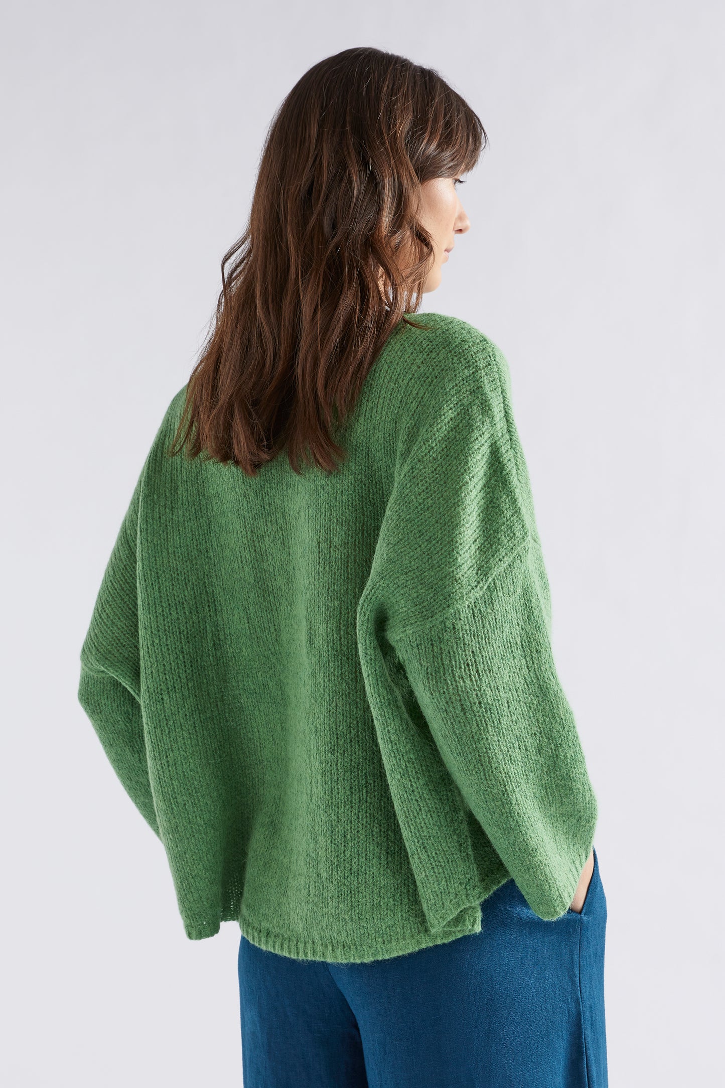 Agna Merino and Alpaca Wool Sweater Model Back | ALOE GREEN
