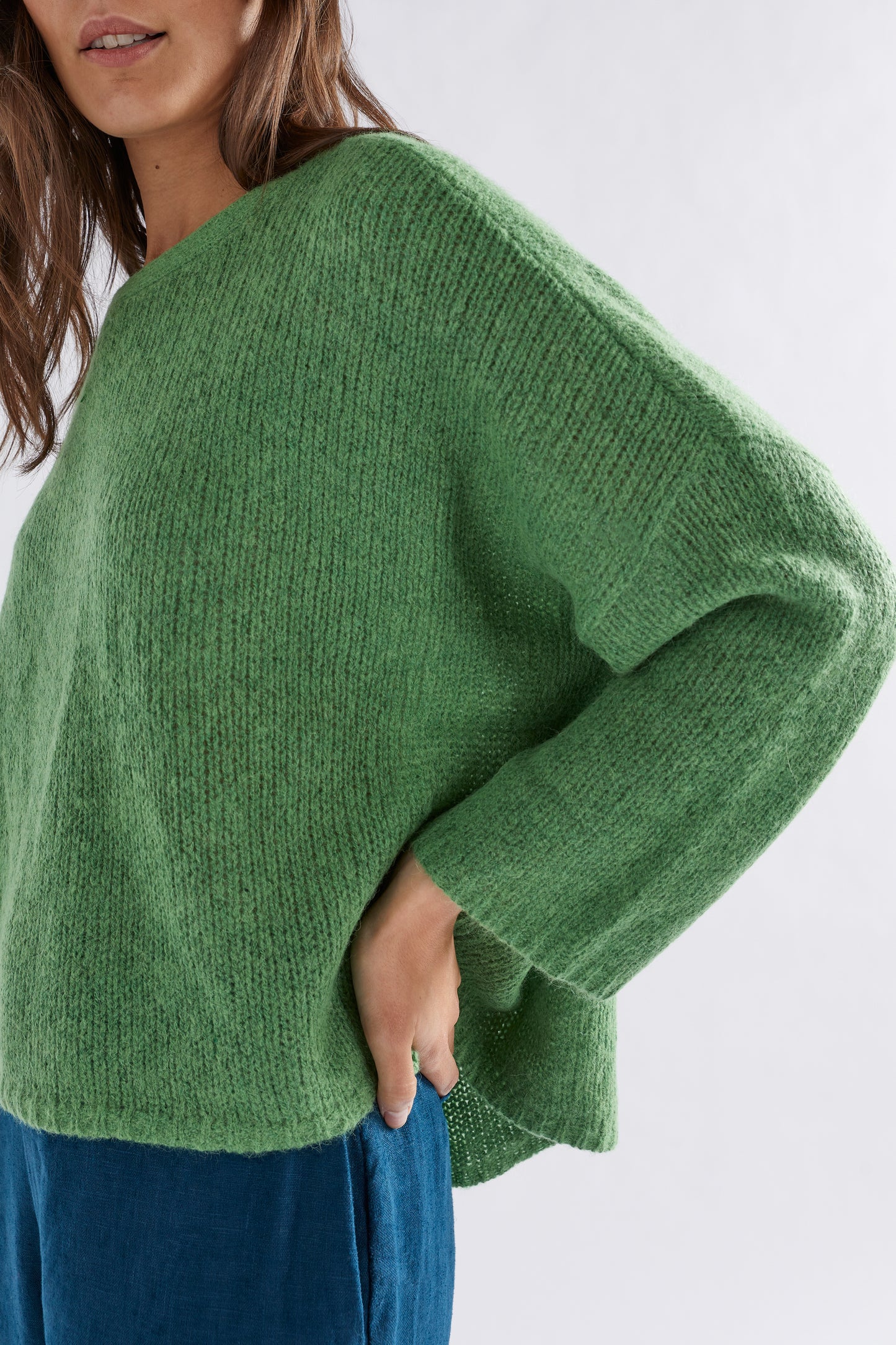 Agna Merino and Alpaca Wool Sweater Model Front Detail | ALOE GREEN