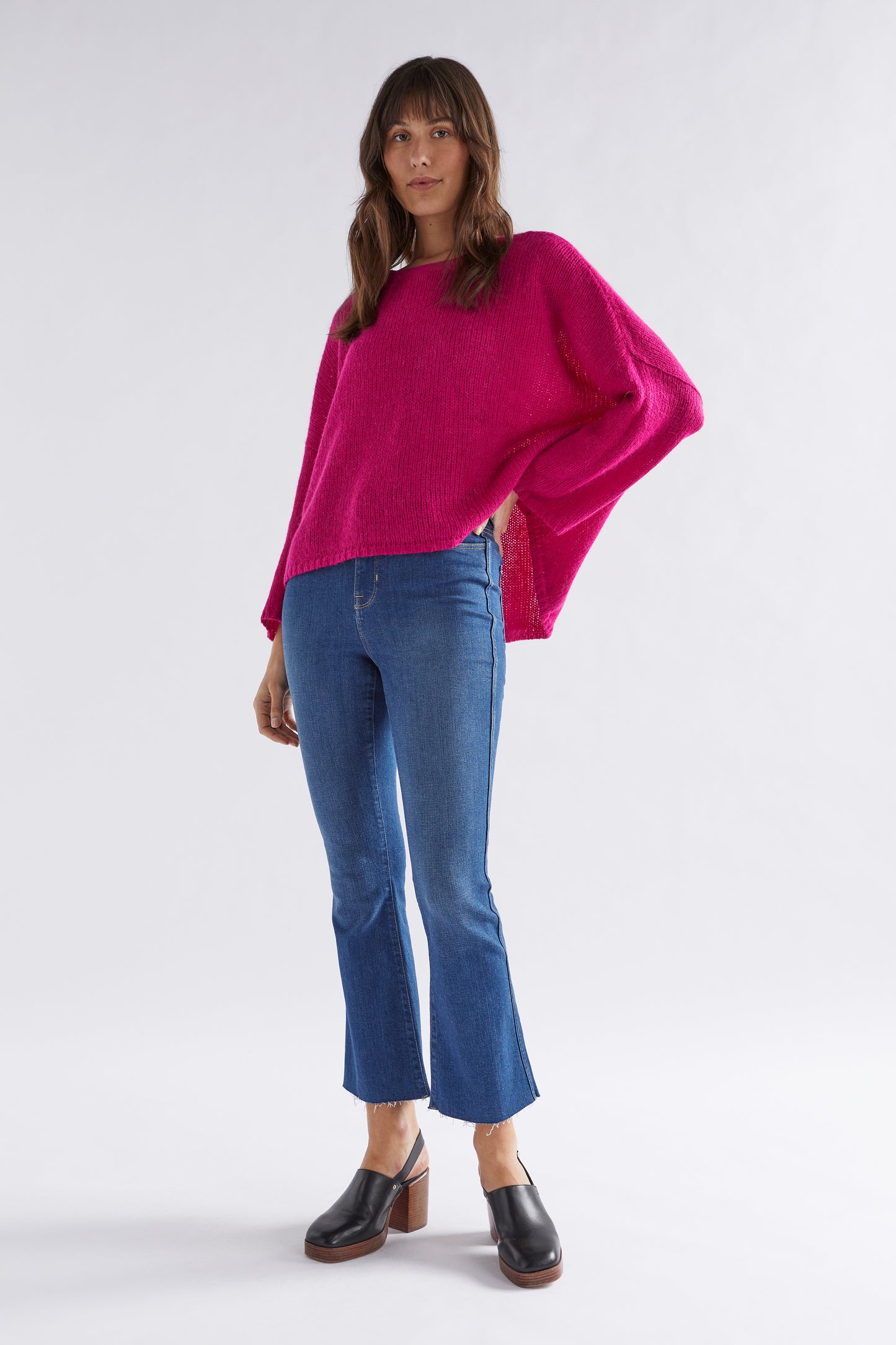 Anga Relaxed Box Fit Alpaca Yarn Knit Sweater Model Front Full Body | BRIGHT PINK