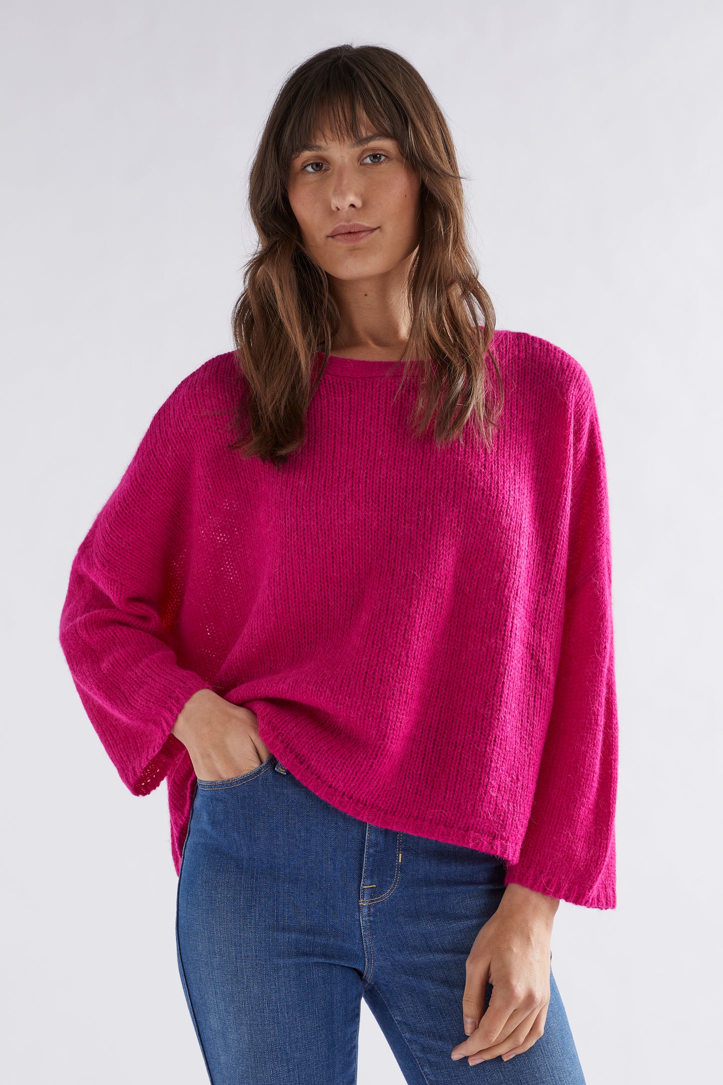 Anga Relaxed Box Fit Alpaca Yarn Knit Sweater Model Front | BRIGHT PINK