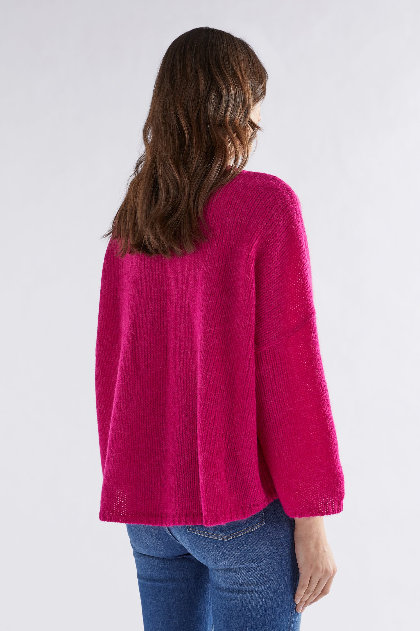Anga Relaxed Box Fit Alpaca Yarn Knit Sweater Model Back | BRIGHT PINK