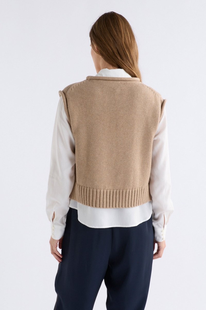 Lunel Organic Cotton Cap Sleeve Rolled Hem Cropped Vest Model back | CAMEL