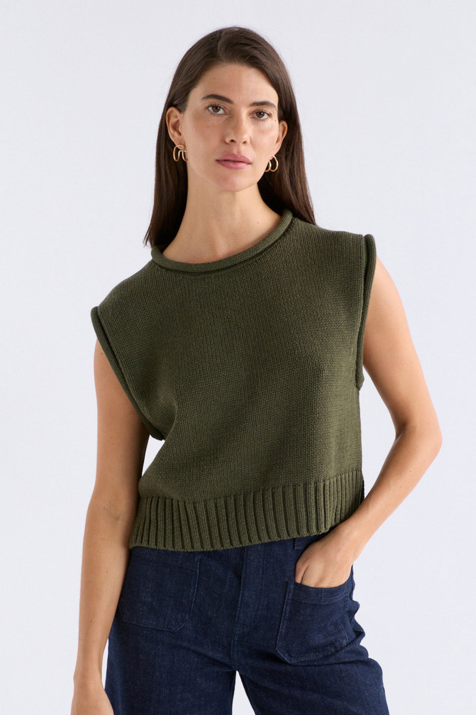 Lunel Organic Cotton Cap Sleeve Rolled Hem Cropped Vest Model Front | KHAKI