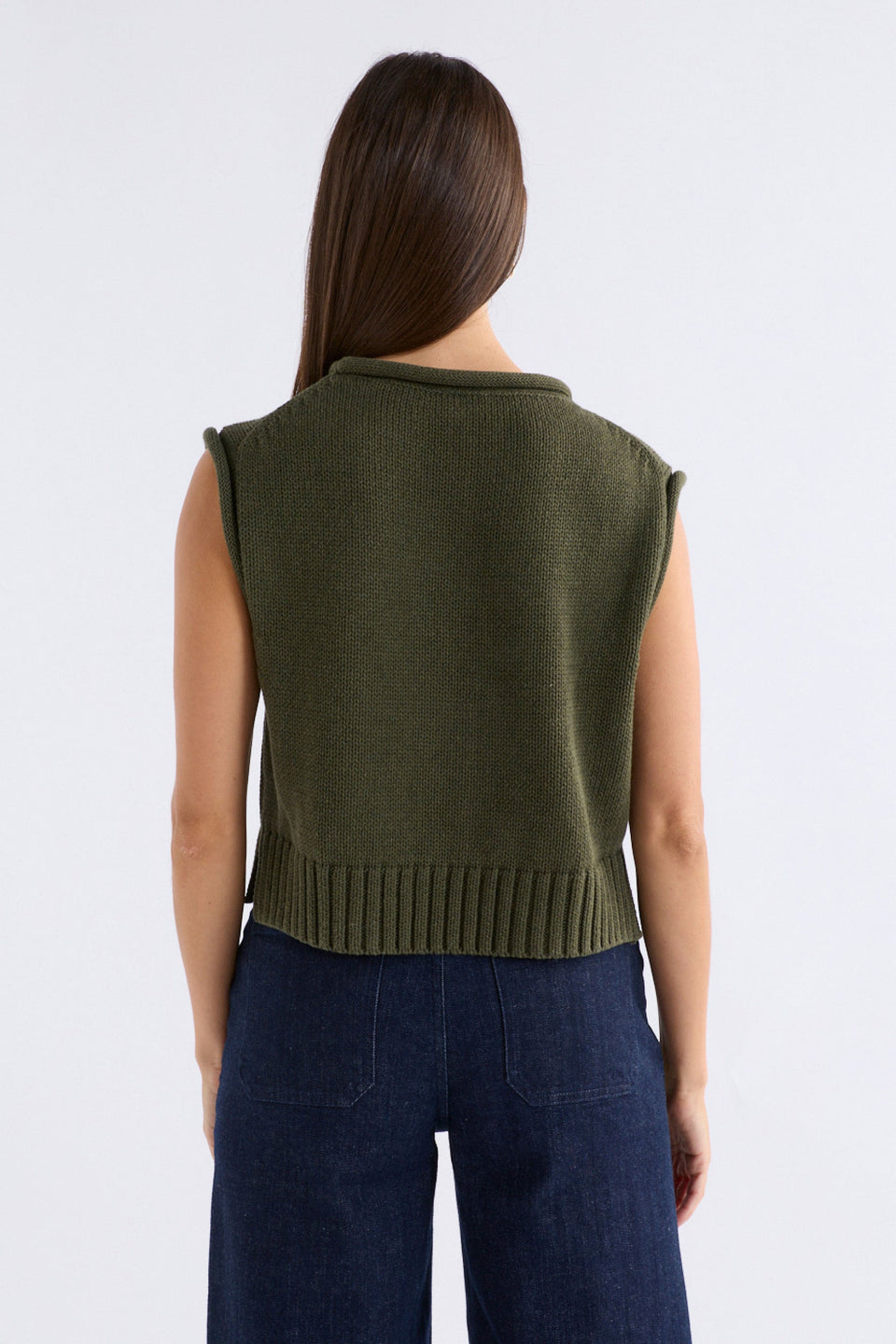 Lunel Organic Cotton Cap Sleeve Rolled Hem Cropped Vest Model Back | KHAKI