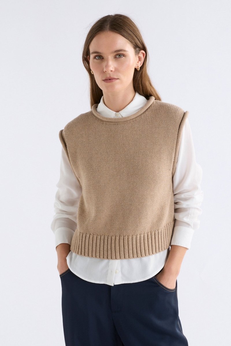 Lunel Organic Cotton Cap Sleeve Rolled Hem Cropped Vest Model Front | CAMEL