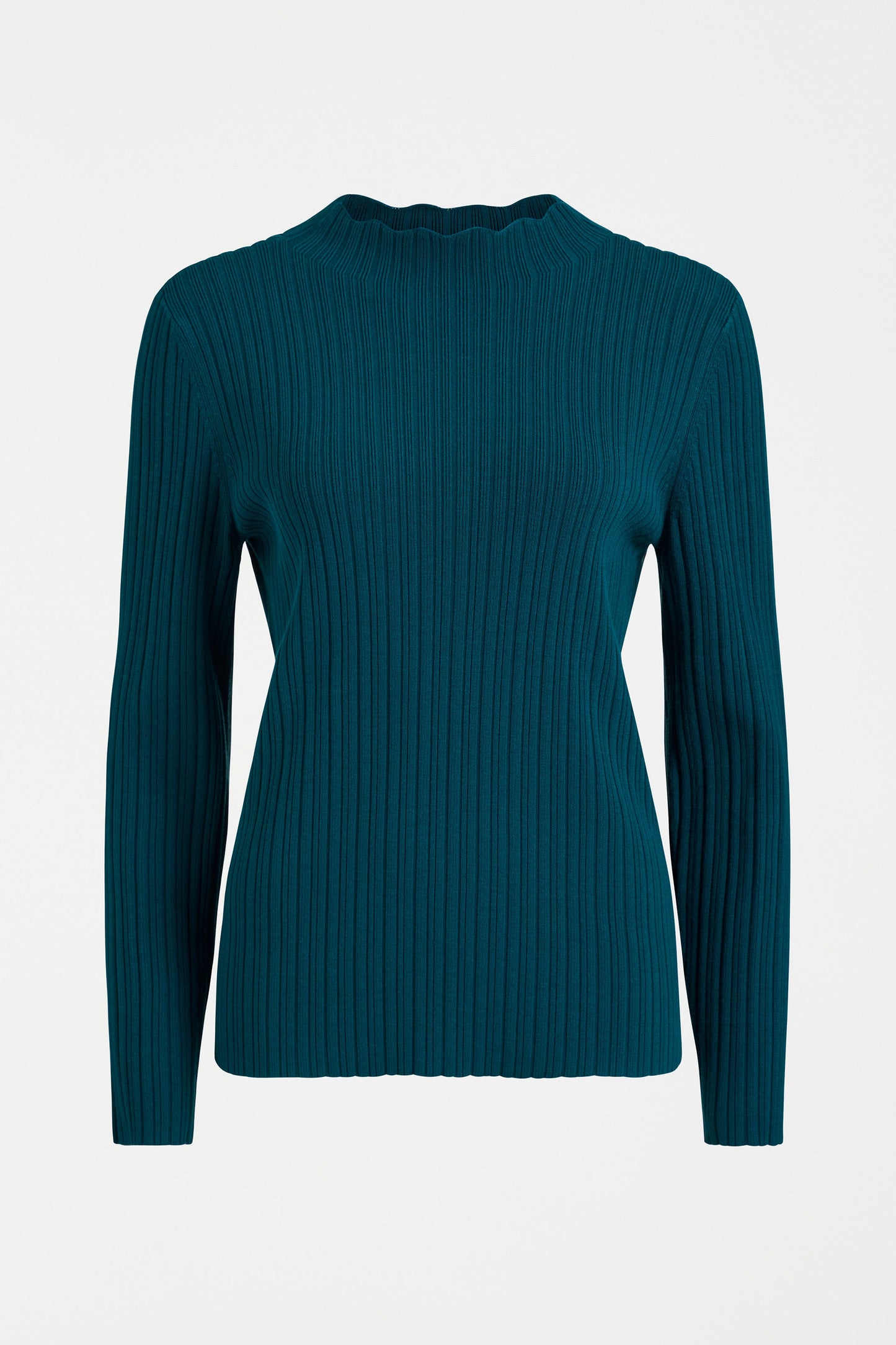 Silka Slim Fit Ribbed Funnel Neck Scalloped Sweater Front | TEAL BLUE