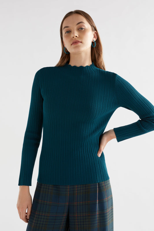 Silka Slim Fit Ribbed Funnel Neck Scalloped Sweater Model Front | TEAL BLUE