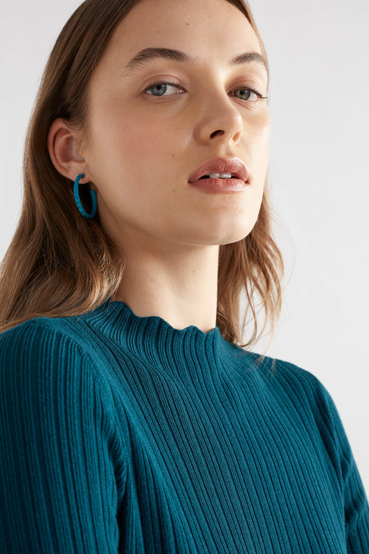 Silka Slim Fit Ribbed Funnel Neck Scalloped Sweater Model Detail 2 | TEAL BLUE
