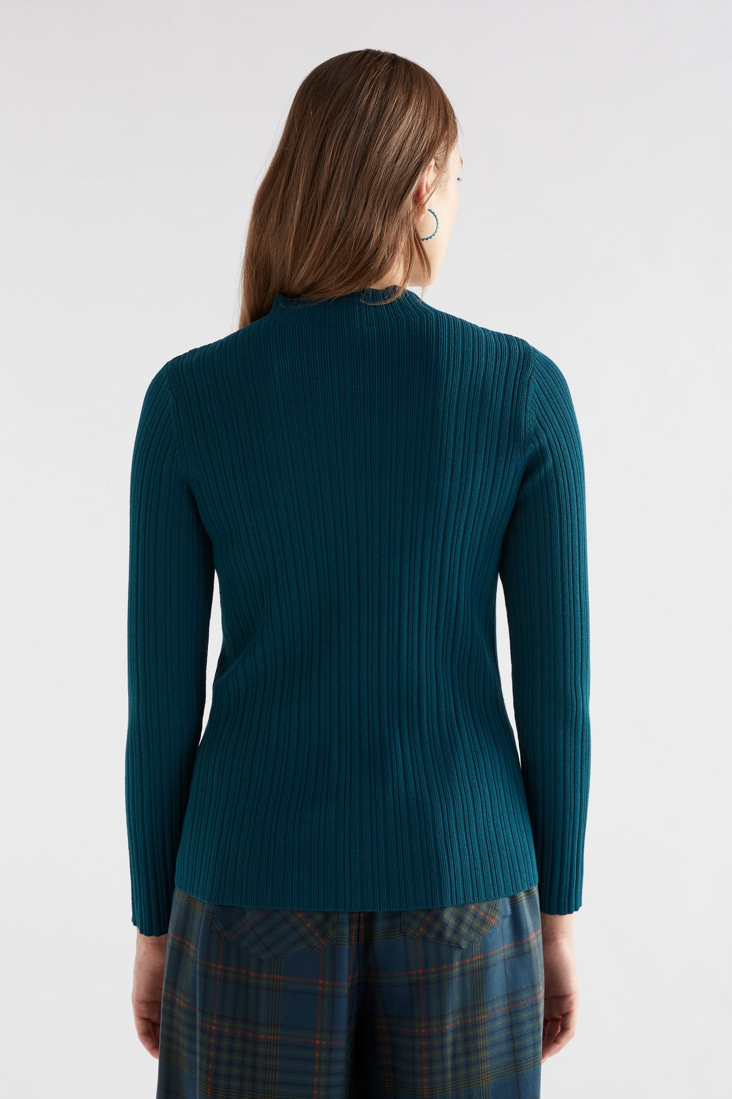 Silka Slim Fit Ribbed Funnel Neck Scalloped Sweater Model Back | TEAL BLUE