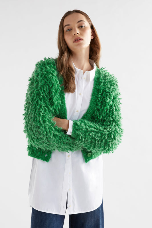 Arnon Chunky Fluffy Alpaca Cropped Cardigan Model Front | IVY GREEN