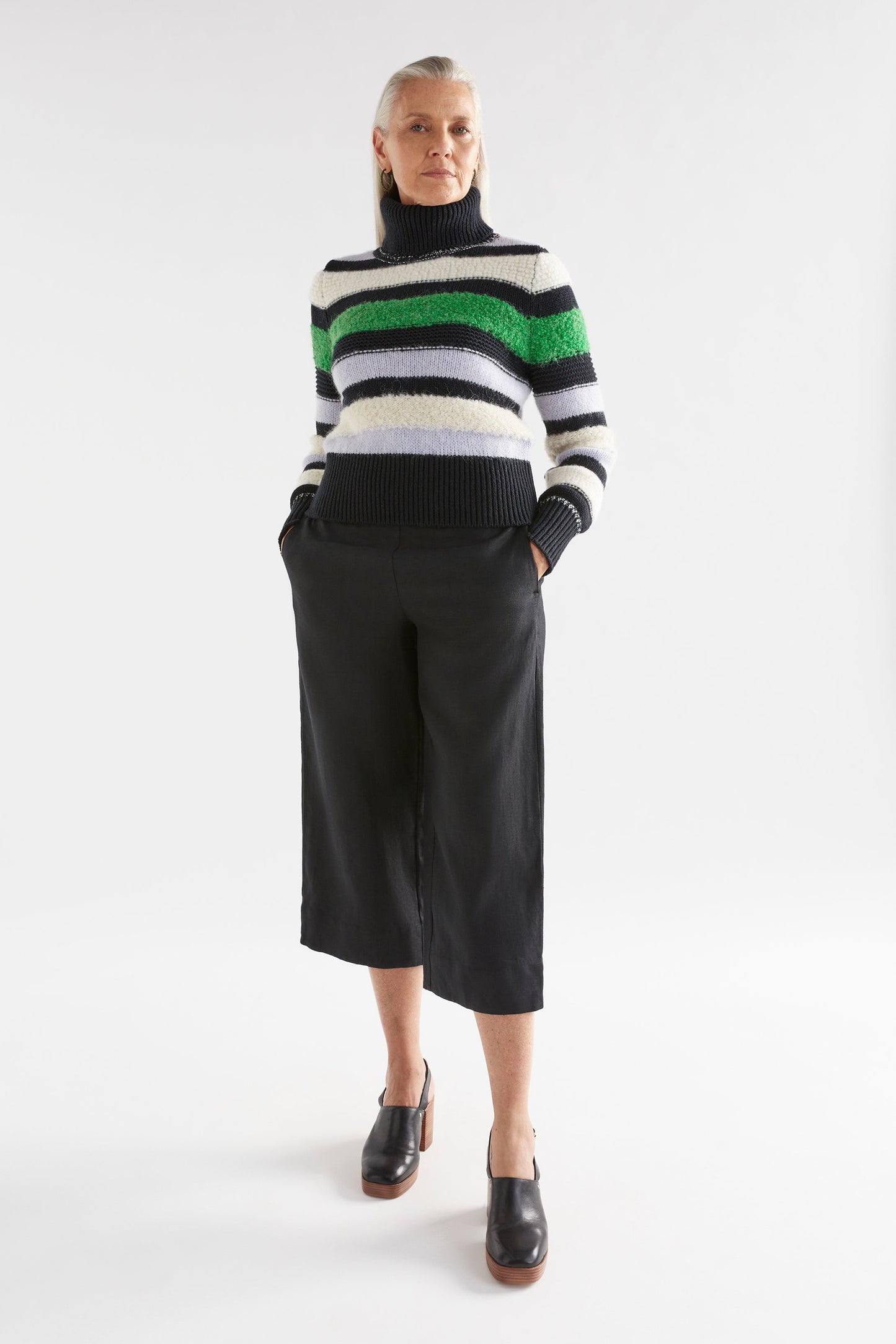 Olli Striped Multi Thread Cotton Wool Ribbed Roll Neck Sweater Model Front Full Body | MULTI STRIPE