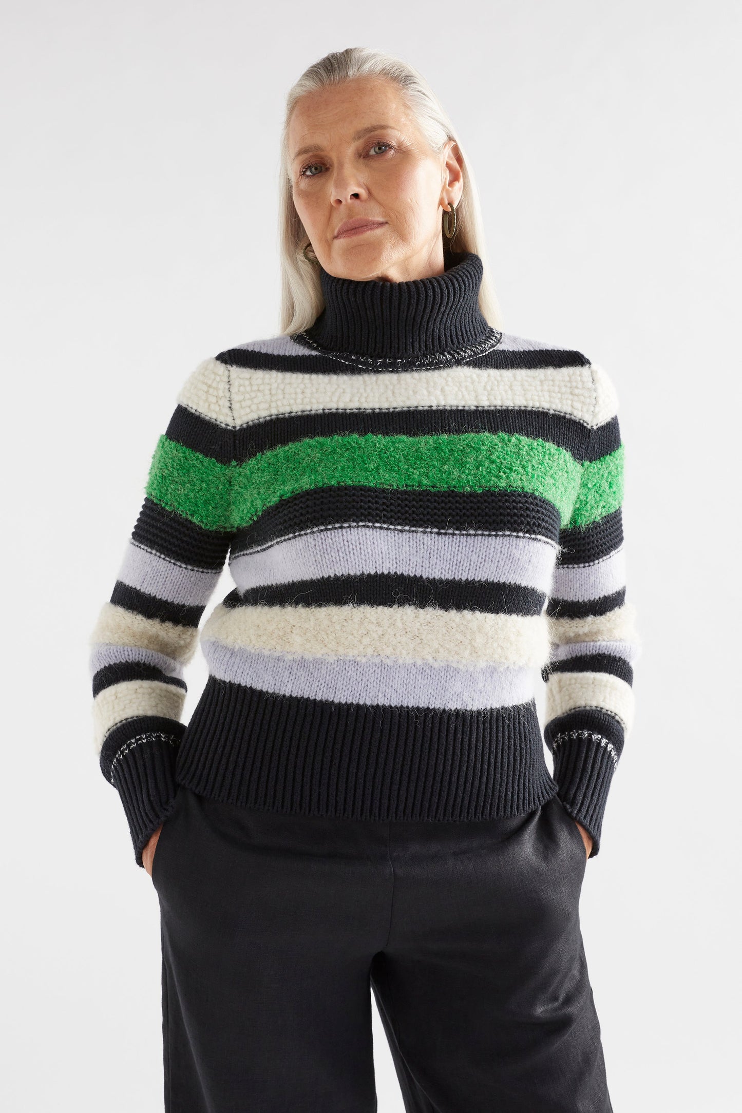 Olli Striped Multi Thread Cotton Wool Ribbed Roll Neck Sweater Model Front | MULTI STRIPE