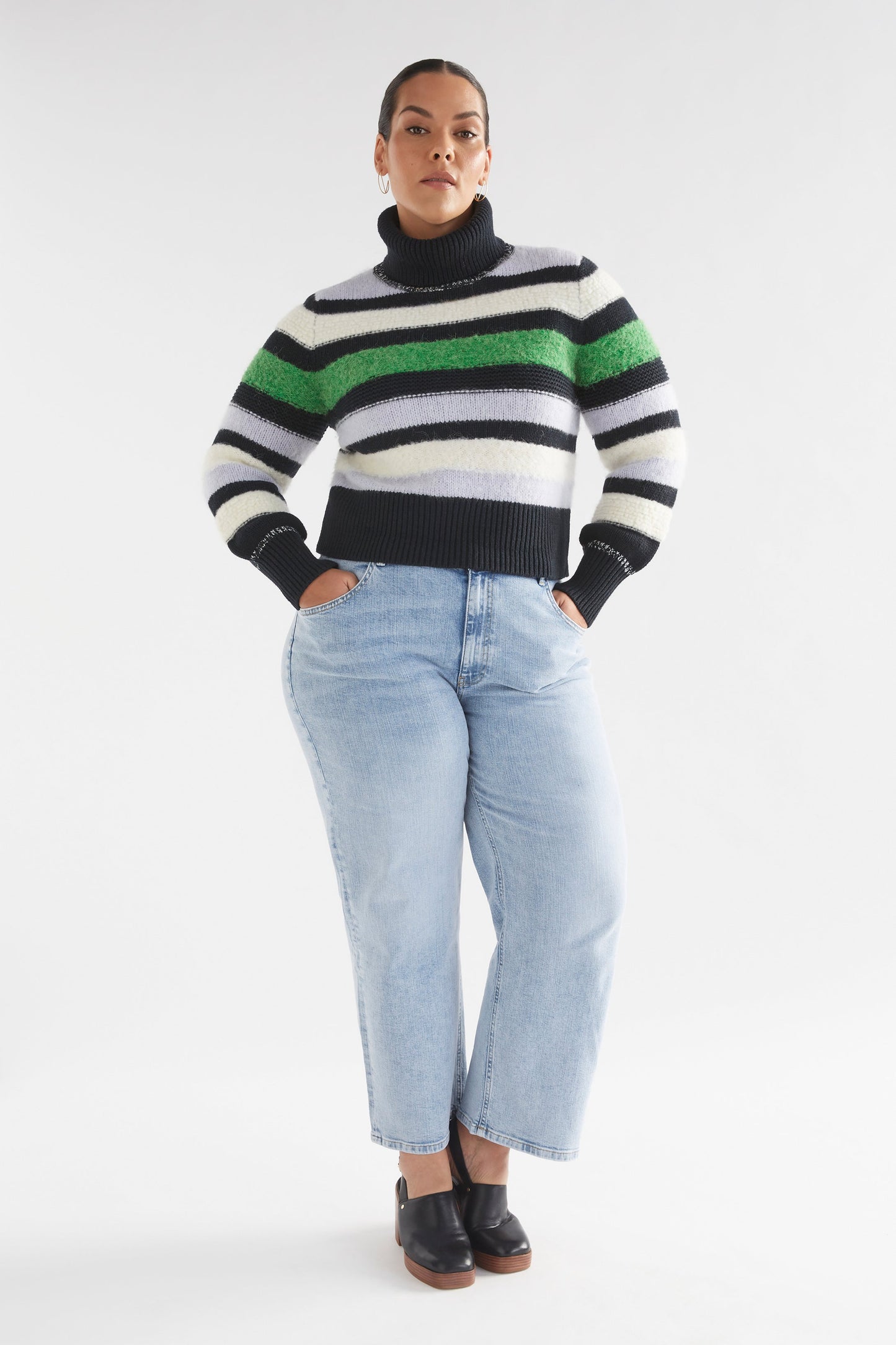 Olli Striped Multi Thread Cotton Wool Ribbed Roll Neck Sweater Curve Model Front Full Body | MULTI STRIPE