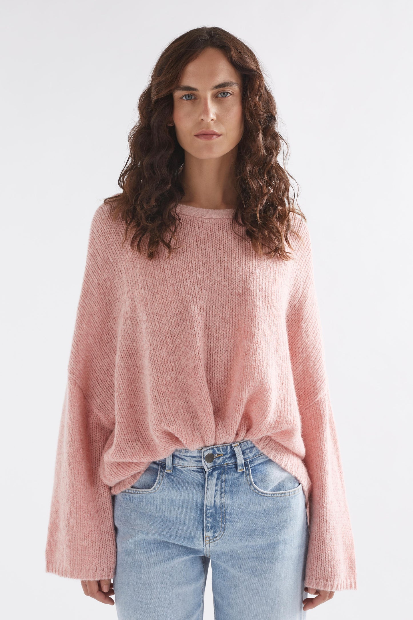 Agna Relaxed Box Fit Alpaca Yarn Knit Sweater Model Front | PINK SALT