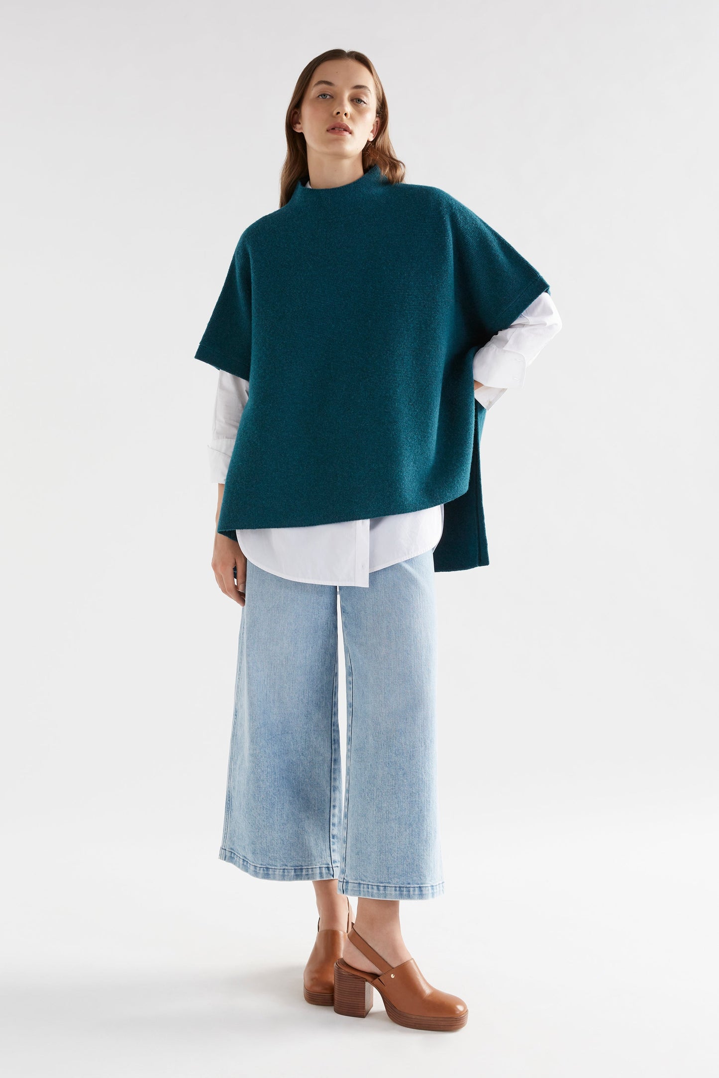 Obal Boxy Mock Neck Wool Knit Poncho Model Front Full | TEAL