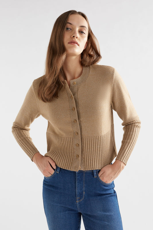 Finby Metallic Merino Round Neck Ribbed Cardigan Model Front | TAUPE GOLD