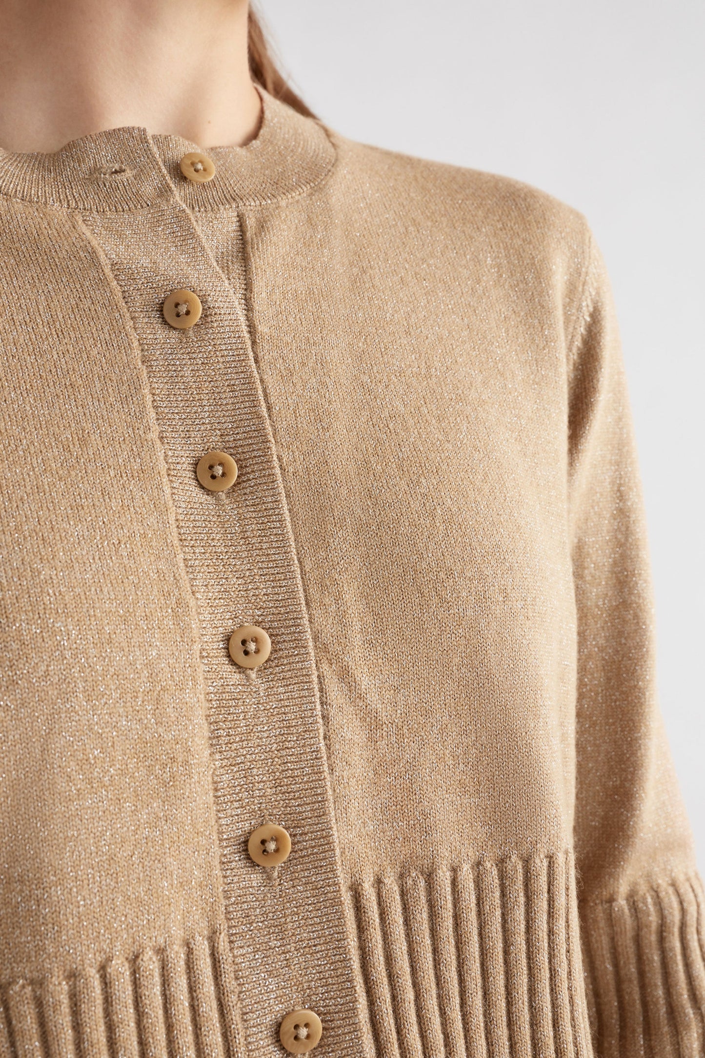 Finby Metallic Merino Round Neck Ribbed Cardigan Model Front Detail | TAUPE GOLD