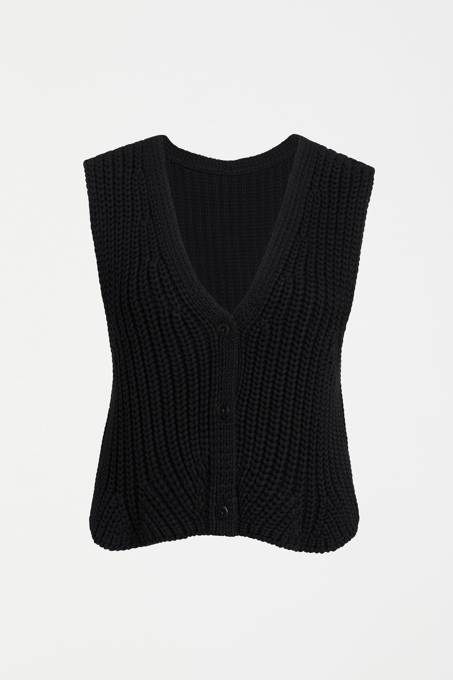 Kupa Organic Cotton V-Neck Chunky Button Up Knit Vest Front  | BLACK