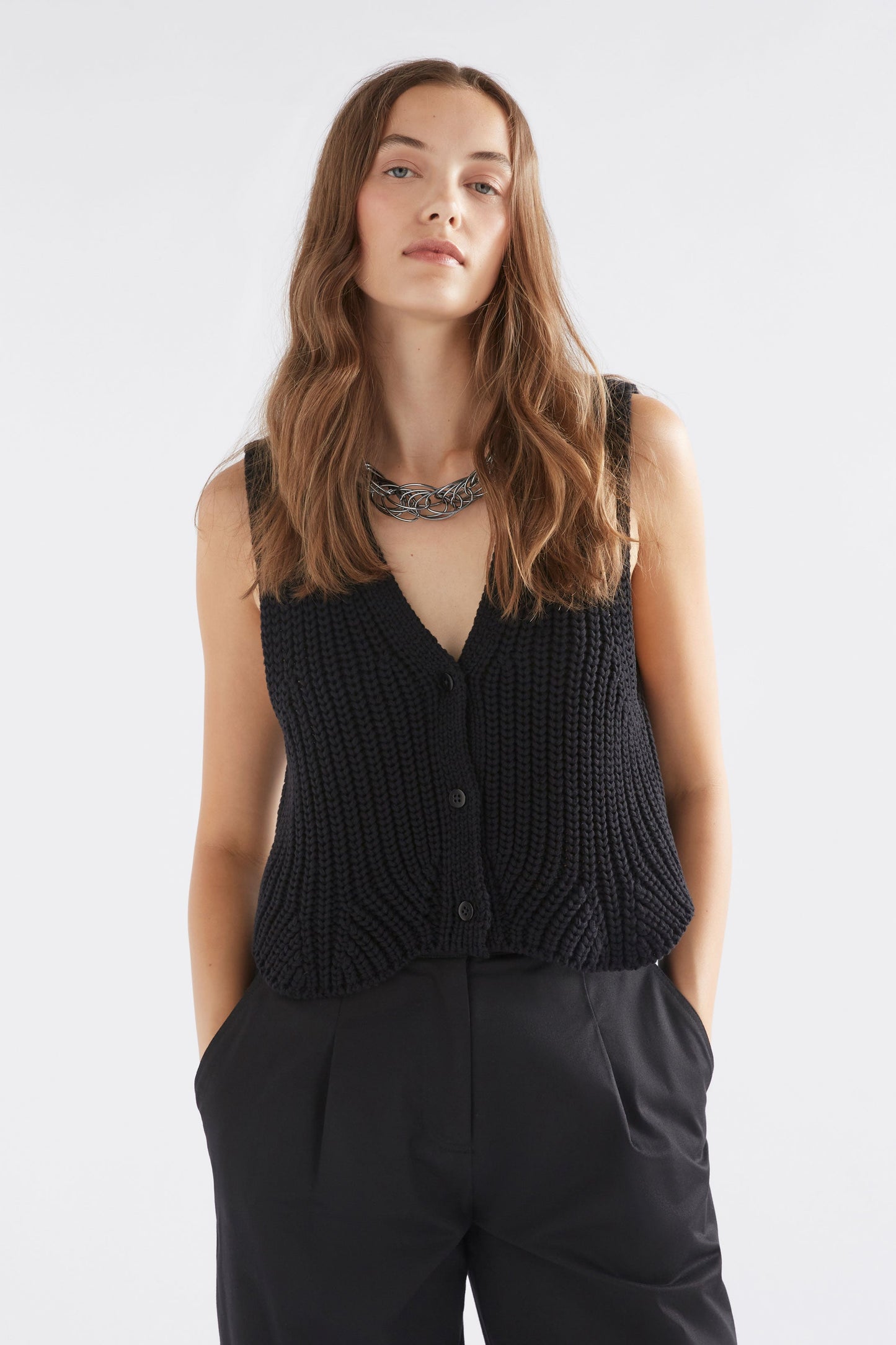 Kupa Organic Cotton V-Neck Chunky Button Up Knit Vest Model Front | BLACK