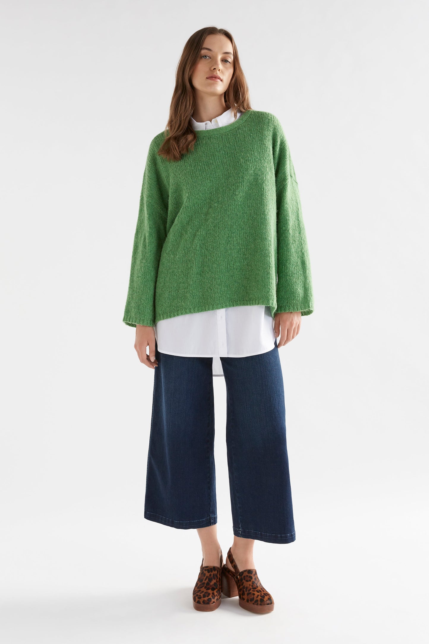 Osby Boxy Fit Alpaca Knit Sweater Model Front Full Body | ALOE GREEN