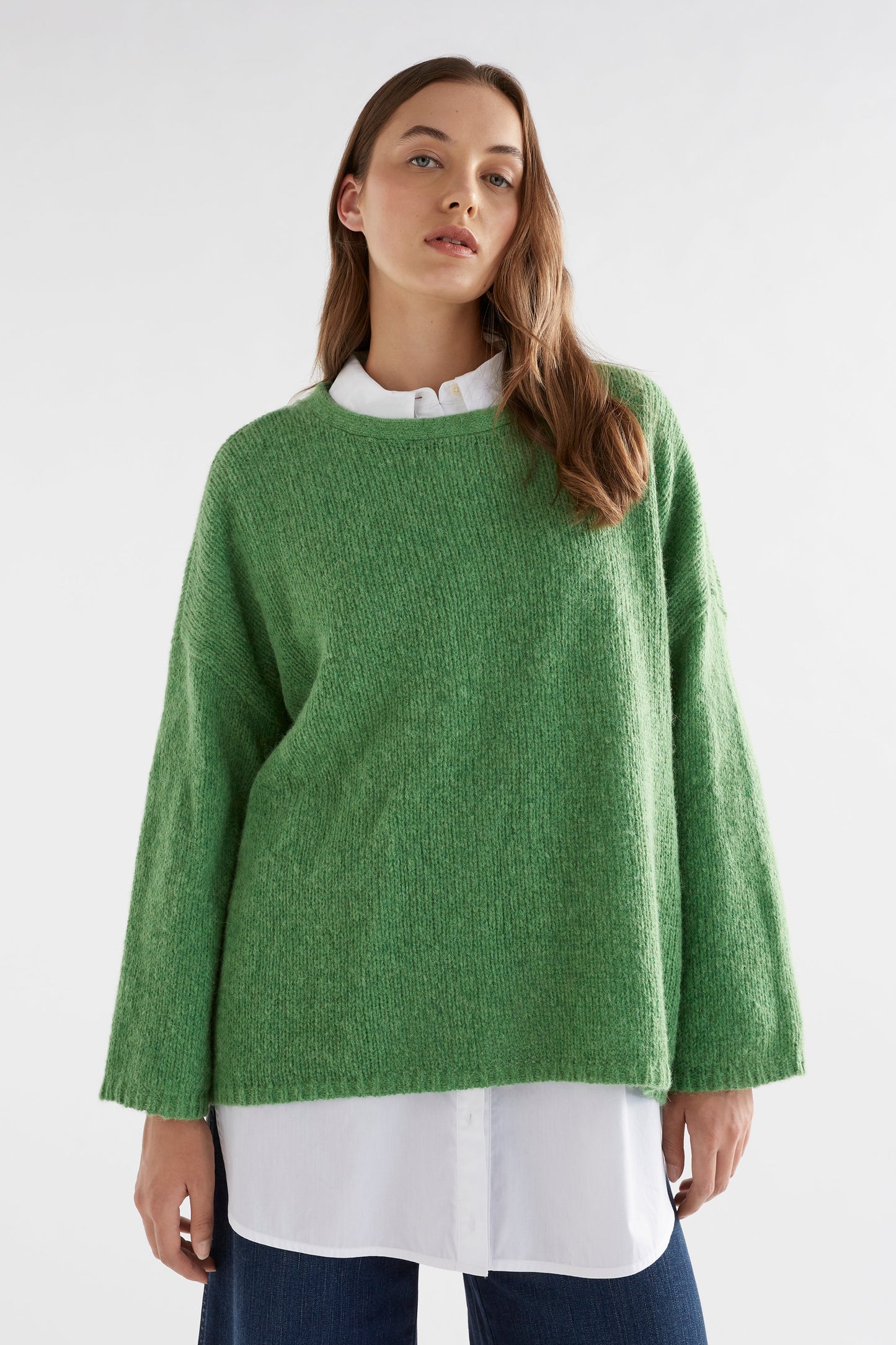 Osby Boxy Fit Alpaca Knit Sweater Model Front | ALOE GREEN