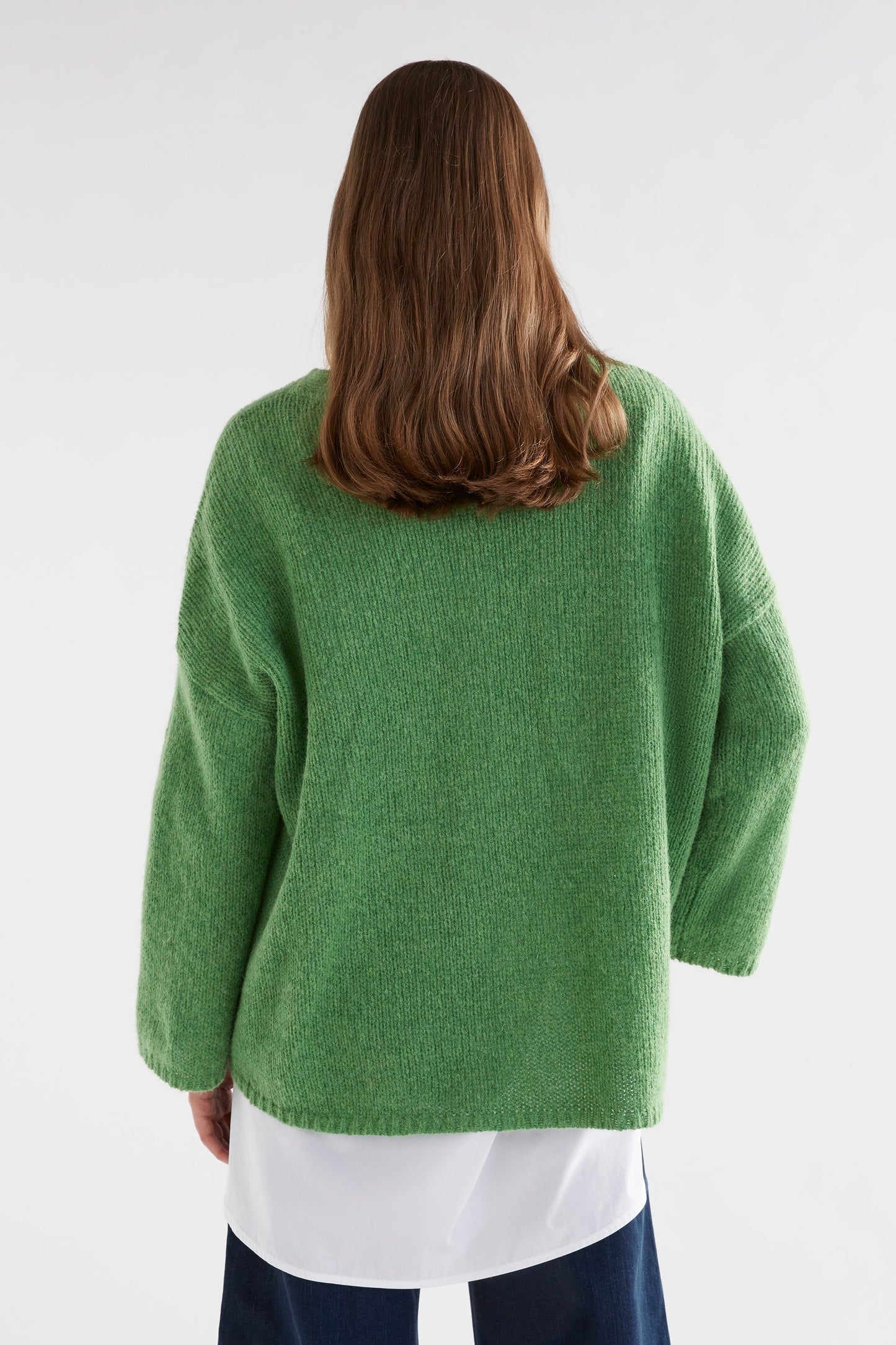 Osby Boxy Fit Alpaca Knit Sweater Model Back | ALOE GREEN