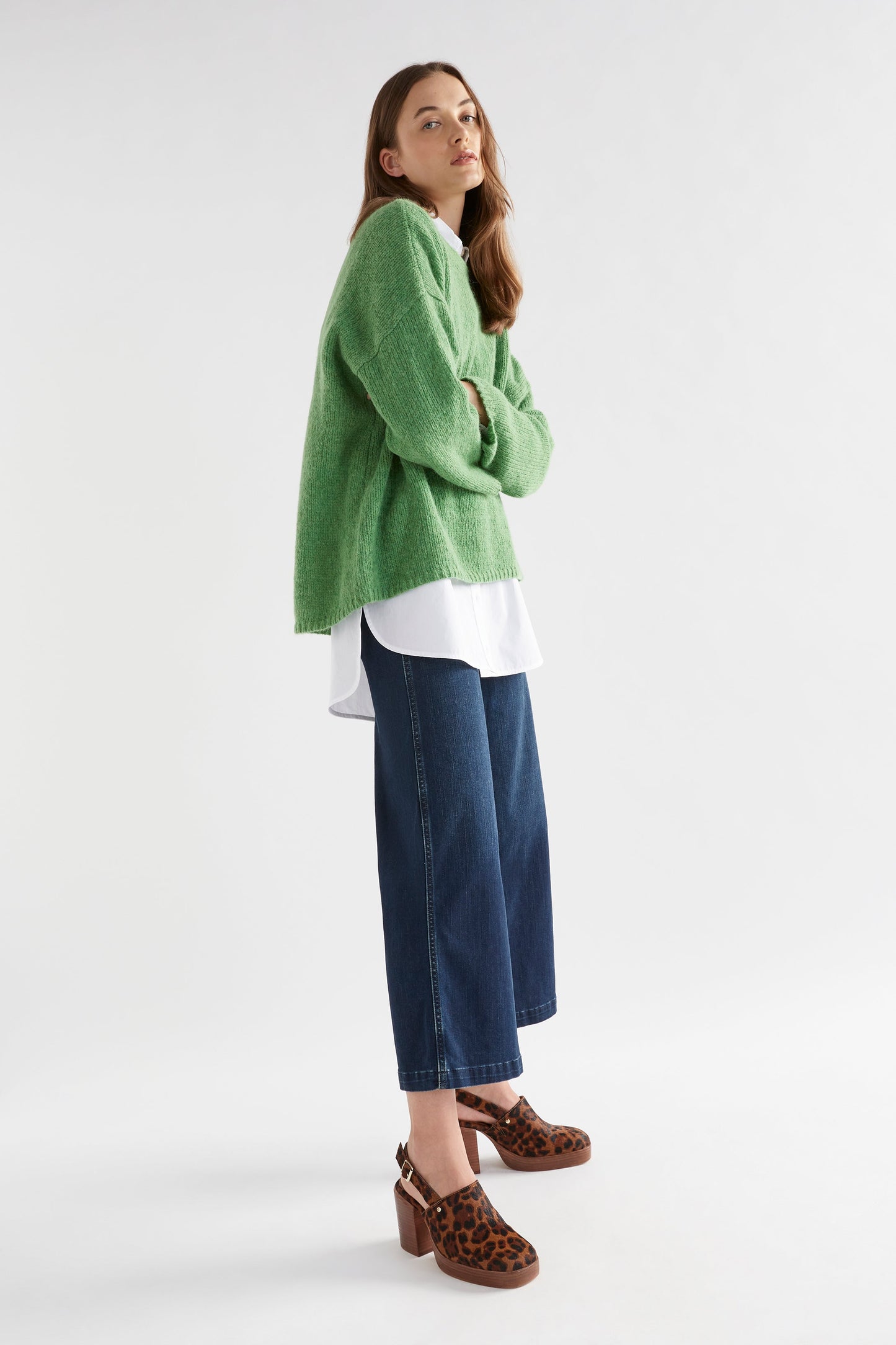 Osby Boxy Fit Alpaca Knit Sweater Model Side | ALOE GREEN