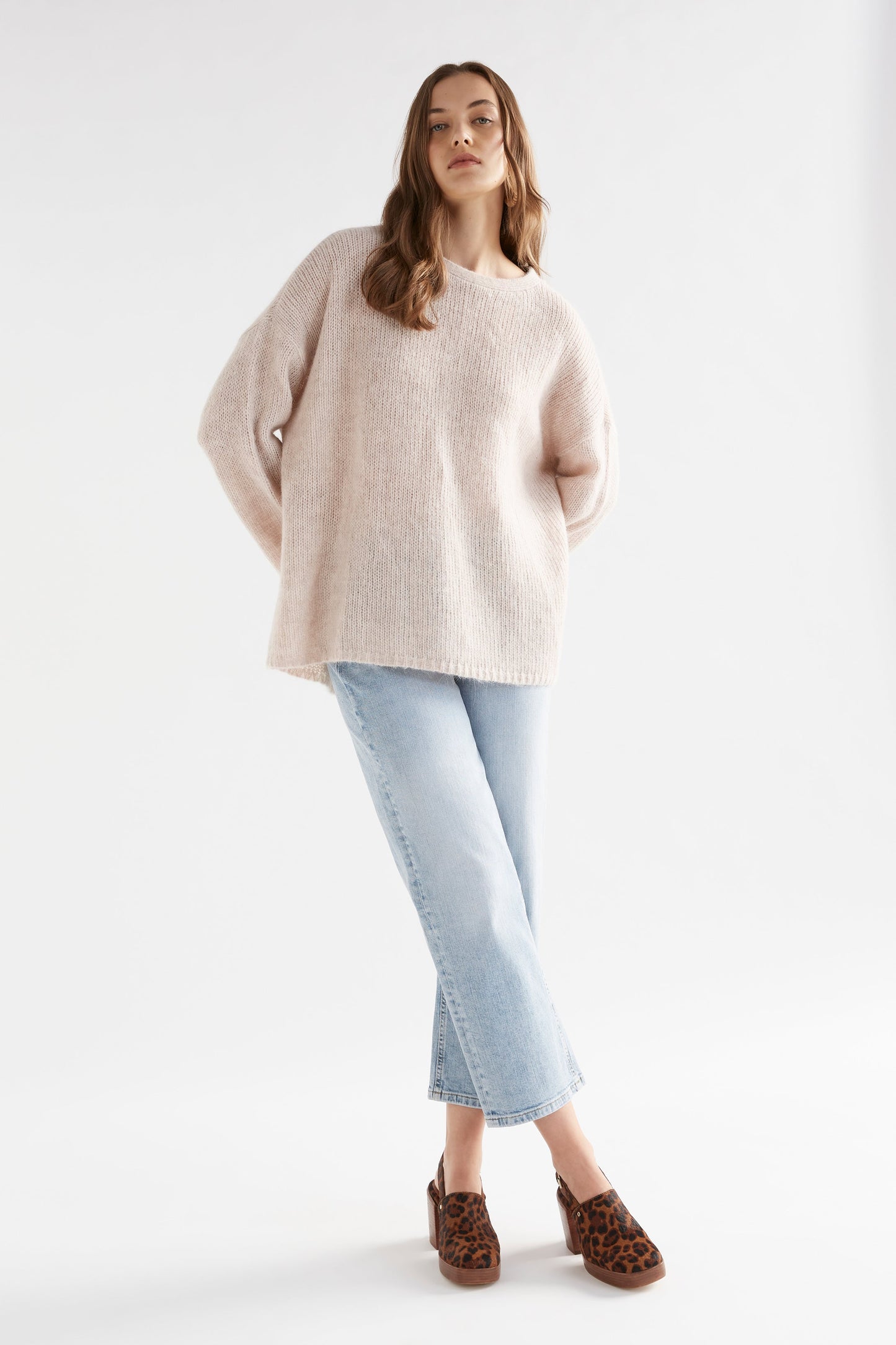 Osby Boxy Fit Alpaca Knit Sweater Model Front Full Body | ECRU