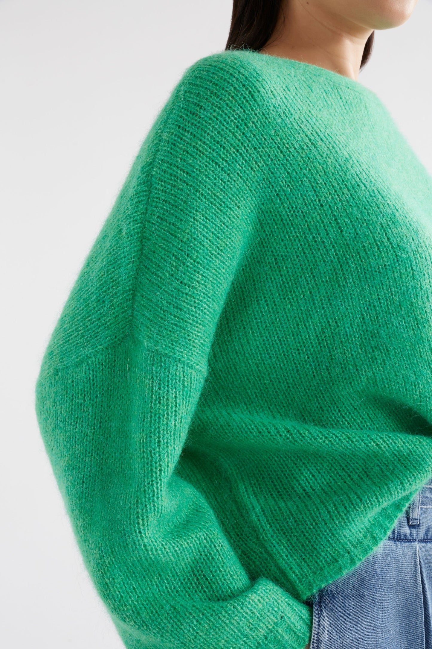 Agna Relaxed Box Fit Alpaca Yarn Knit Sweater Model Front Detail | ELECTRIC GREEN