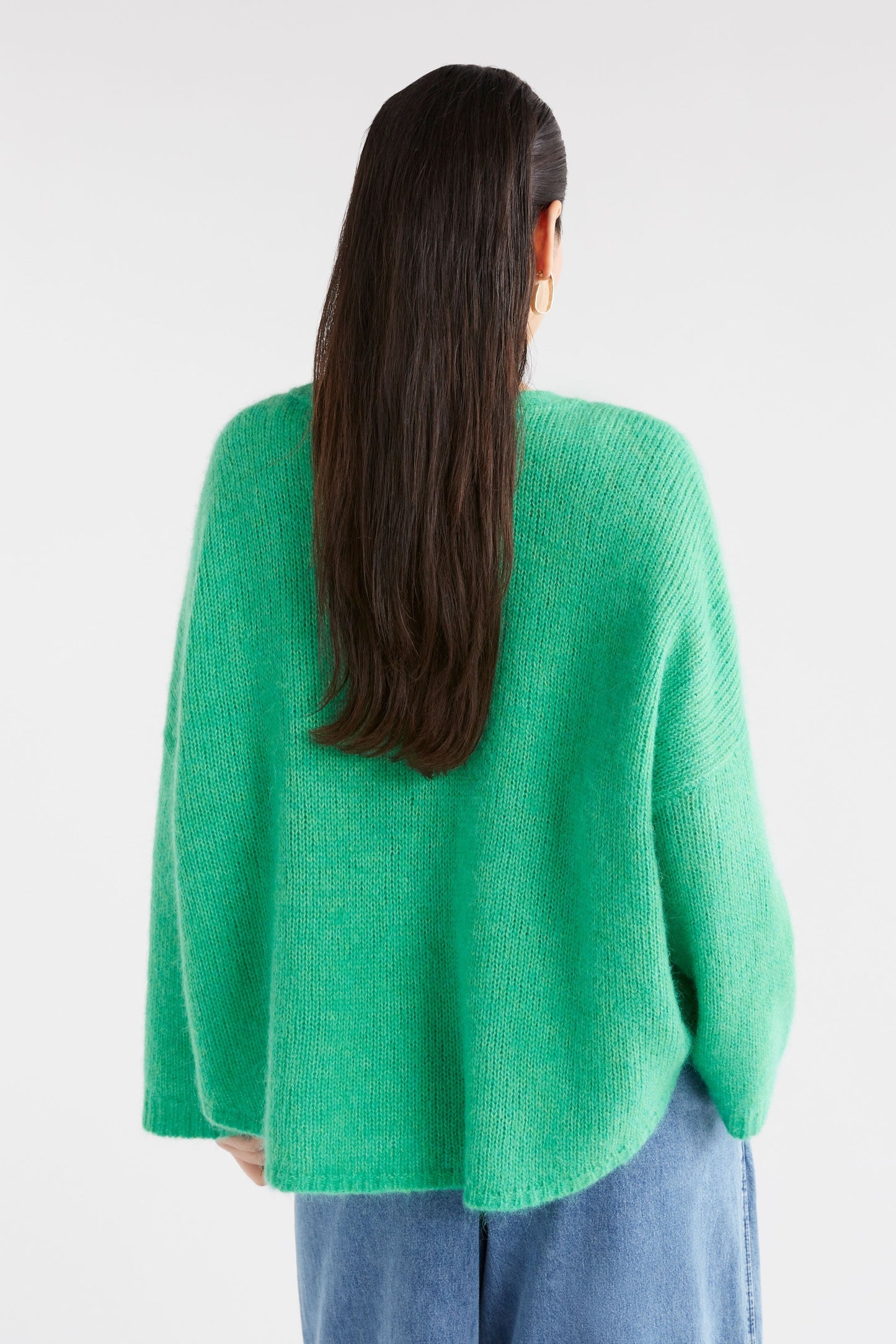 Agna Relaxed Box Fit Alpaca Yarn Knit Sweater Model Front Full Body Back | ELECTRIC GREEN