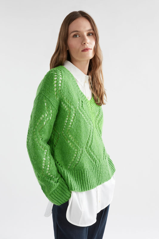 Sirona Argyle Pointelle Knit Sweater Model Front | CELERY GREEN