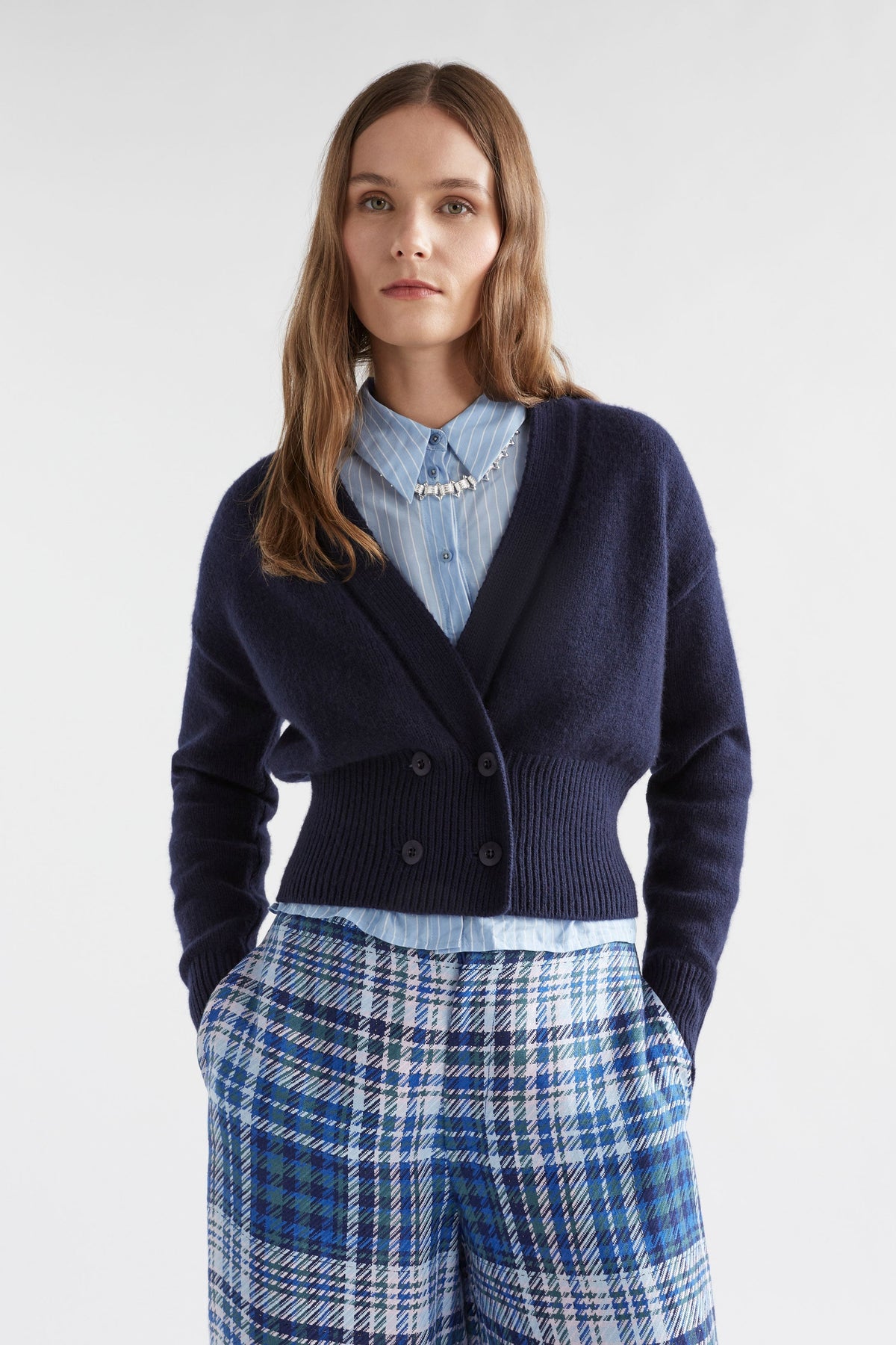Knytte Double Breasted Organic Cotton and Merino Cropped V-neck Cardigan Model Front | NEW NAVY