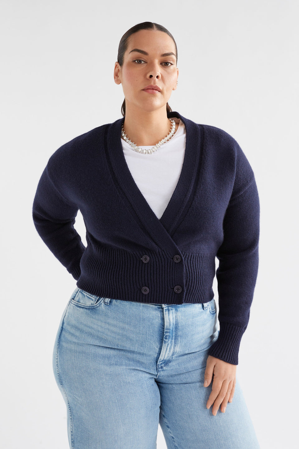 Knytte Double Breasted Organic Cotton and Merino Cropped Vneck Cardigan Model Front CURVE | NEW NAVY
