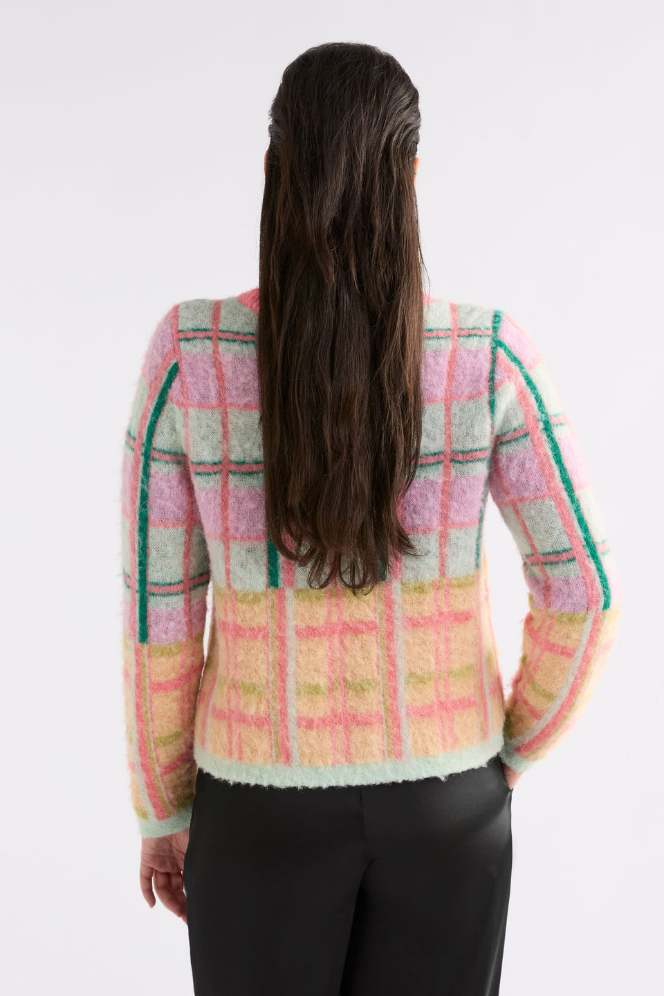 Ostti Alpaca Merino Wool Bold Coloured Check Fluffy Sweater Model Back | PINK PUNCH CHECK