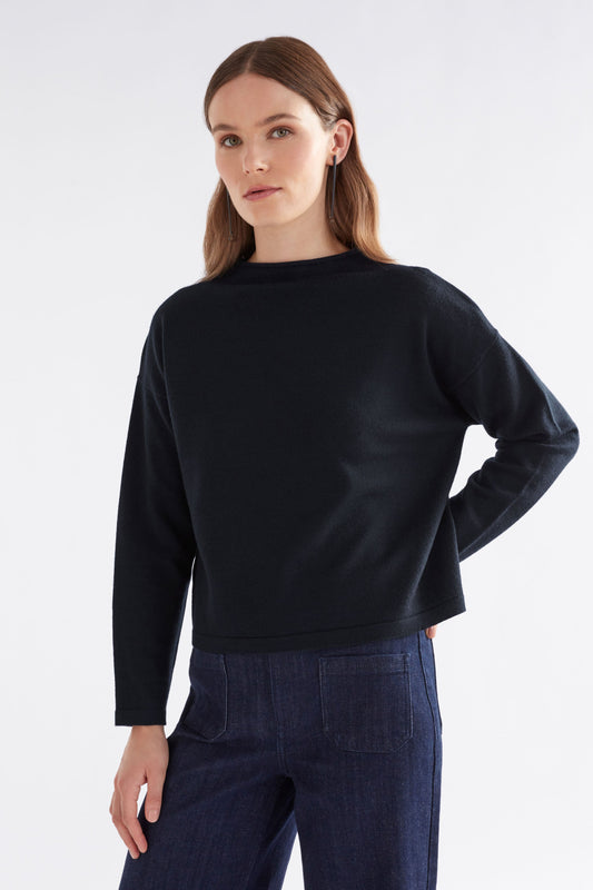 Pirata Cropped Lightweight Merino Funnel Neck Sweater Model Front | NEW NAVY