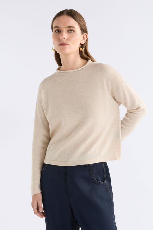 Pirata Cropped Lightweight Merino Funnel Neck Sweater Front Look | FLAX