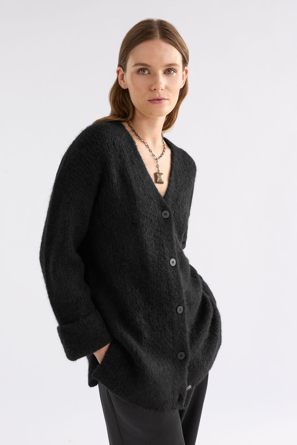 Aila Rib Lightweight Alpaca Merino Wool Long Line Cardigan Model Front | BLACK
